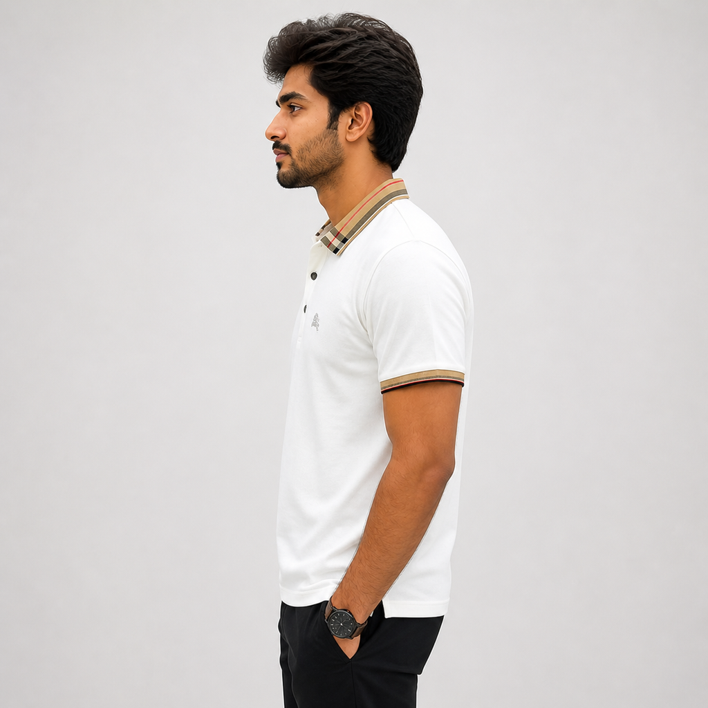 Men’s White Premium Polo T-Shirt with Checked Collar | Classic Slim Fit Casual Polo Tee