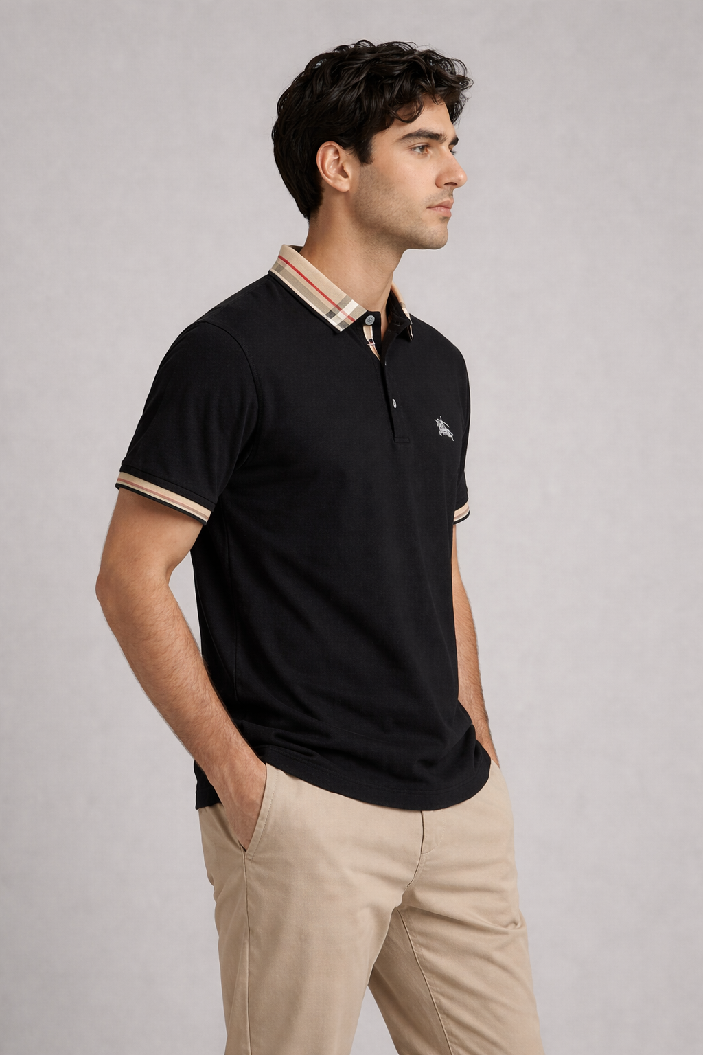 Men’s Premium Black Polo T-Shirt with Checked Collar | Korean Style Slim Fit Casual Polo Tee for Men