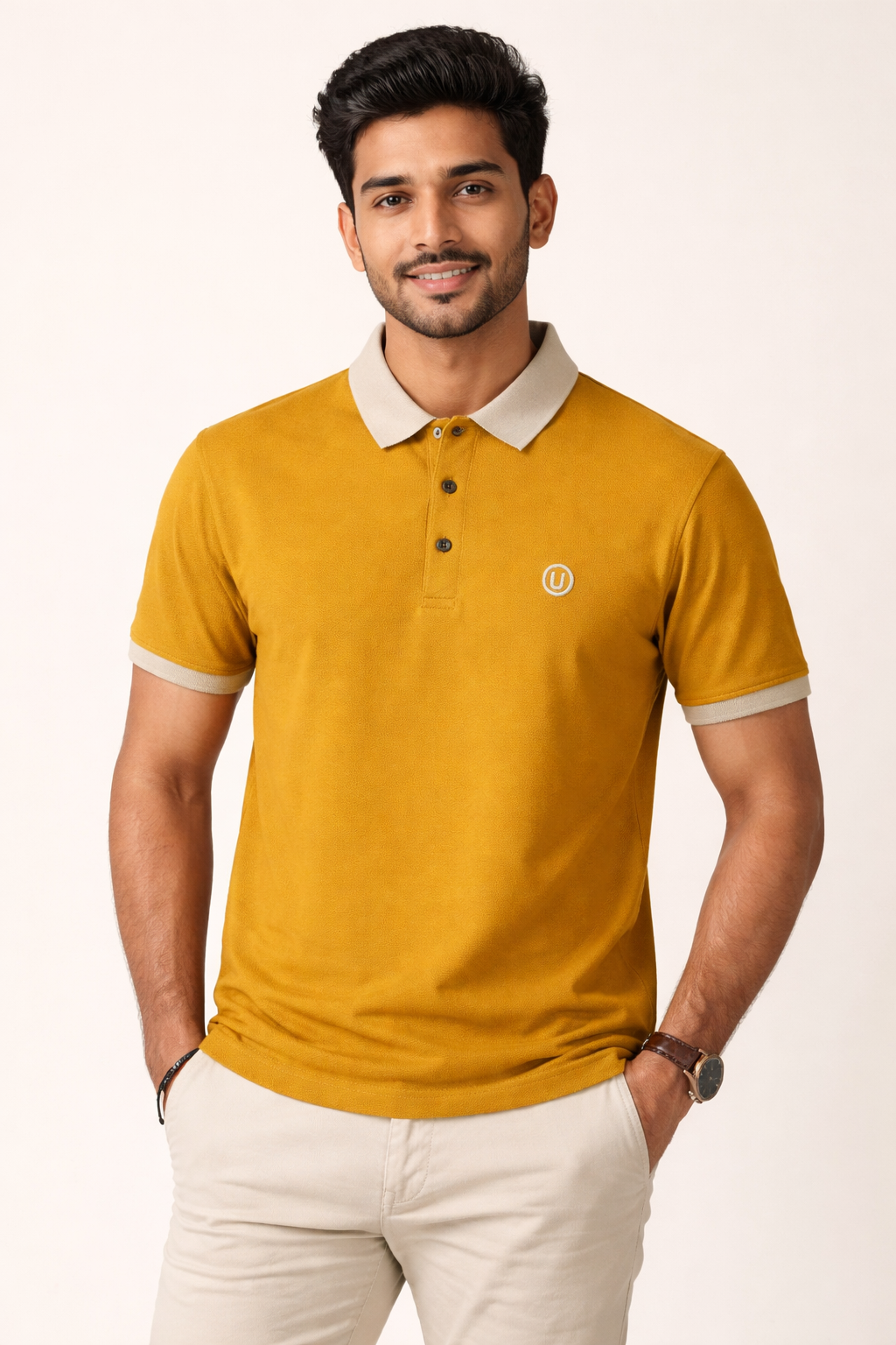 Men’s Mustard Yellow Polo T-Shirt with Contrast Beige Collar | Premium Cotton Slim Fit Casual Polo