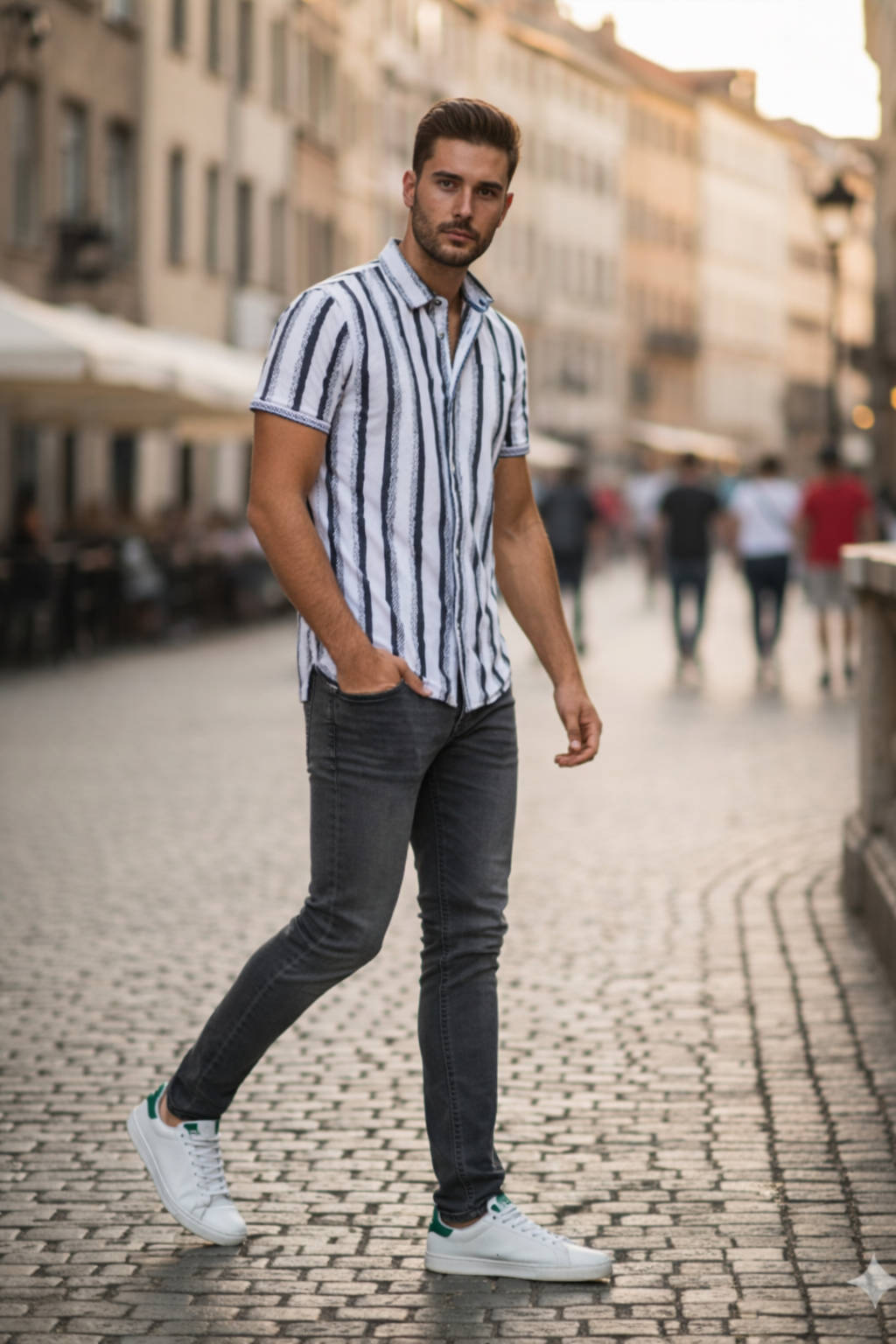 Men’s Black & White Vertical Stripe Polo Shirt – Smart Casual Everyday Wear