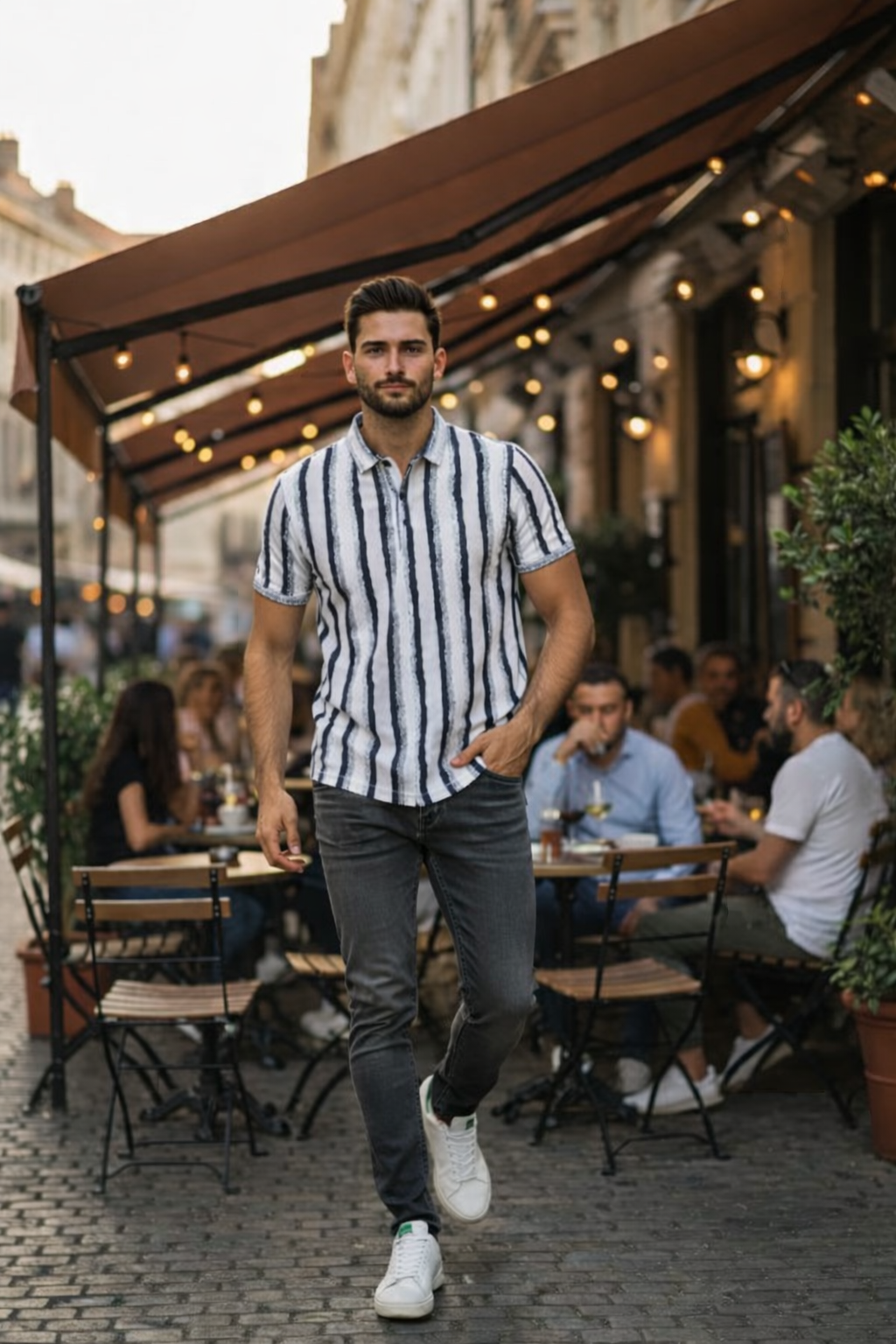 Men’s Black & White Vertical Stripe Polo Shirt – Smart Casual Everyday Wear