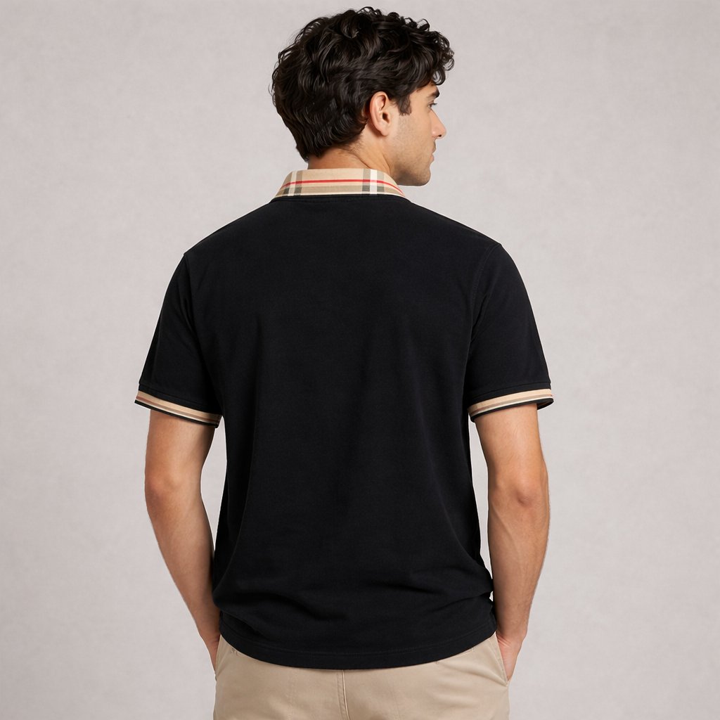 Men’s Premium Black Polo T-Shirt with Checked Collar | Korean Style Slim Fit Casual Polo Tee for Men