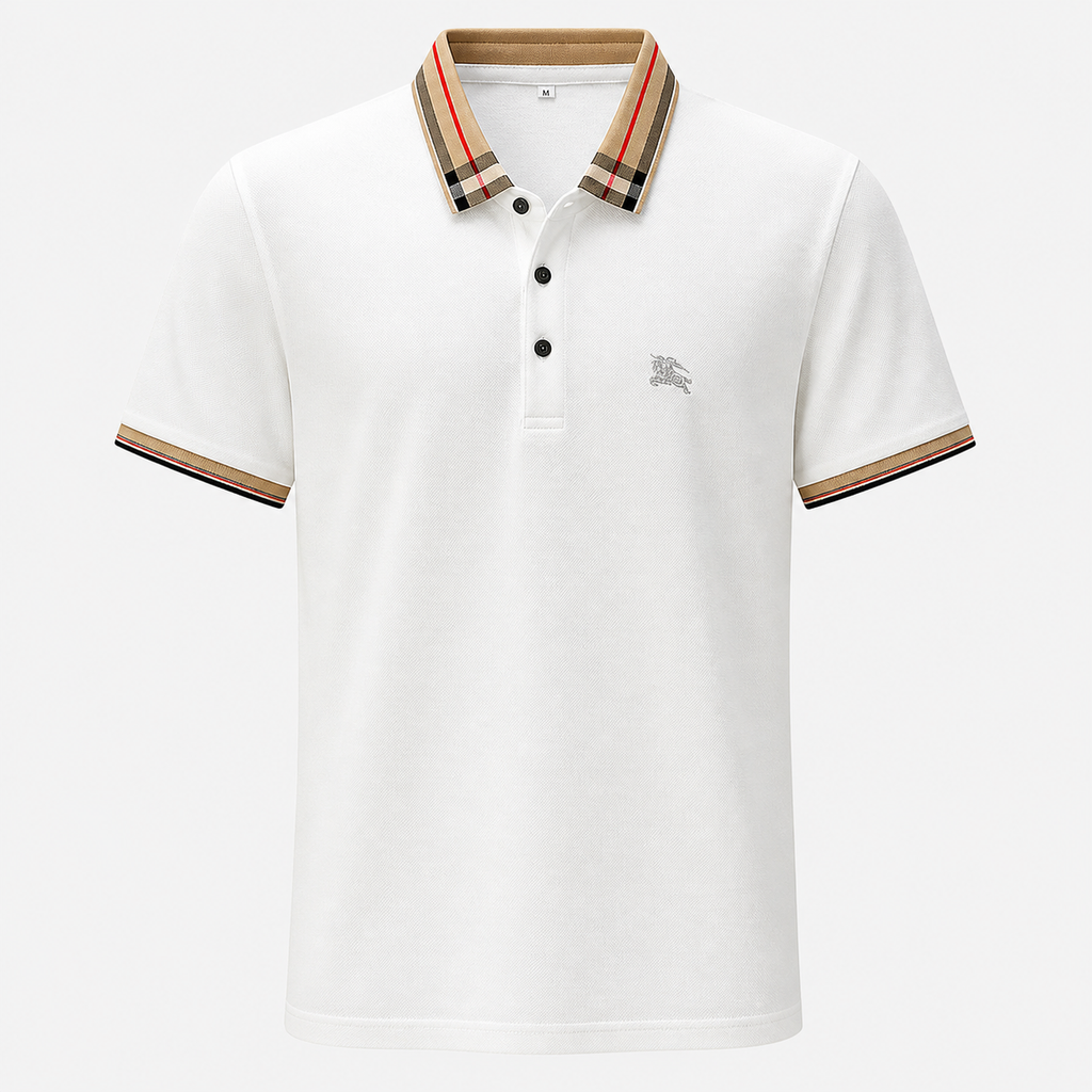 Men’s White Premium Polo T-Shirt with Checked Collar | Classic Slim Fit Casual Polo Tee