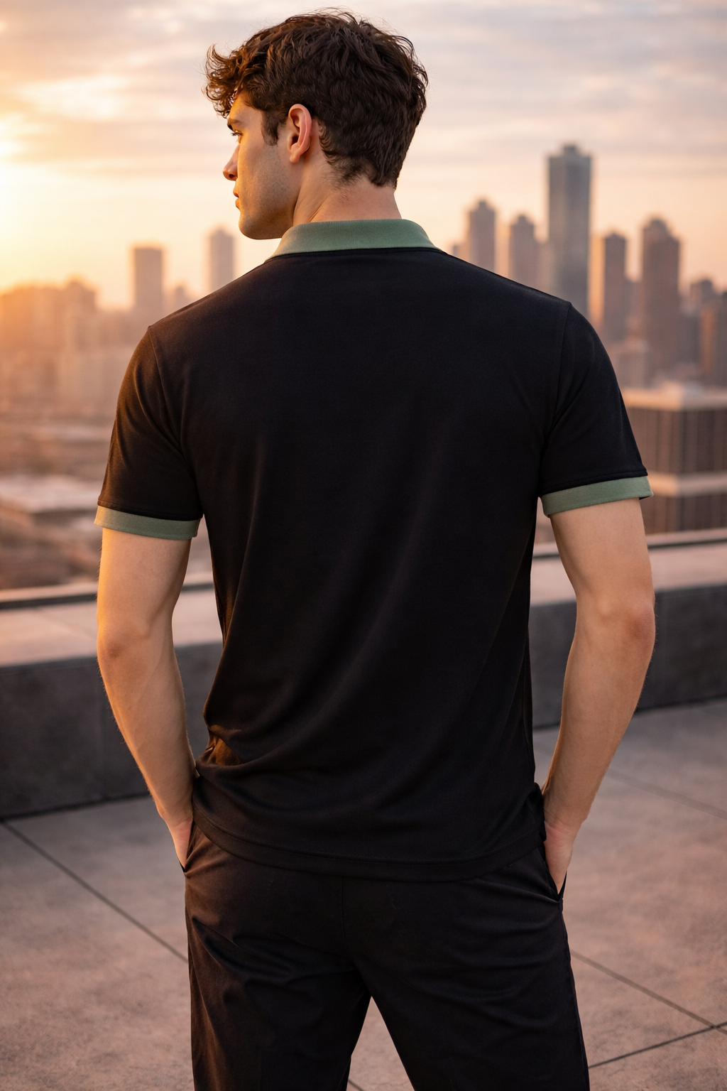 Men’s Black Polo T-Shirt with Olive Collar | Premium Casual Slim Fit Polo Tee