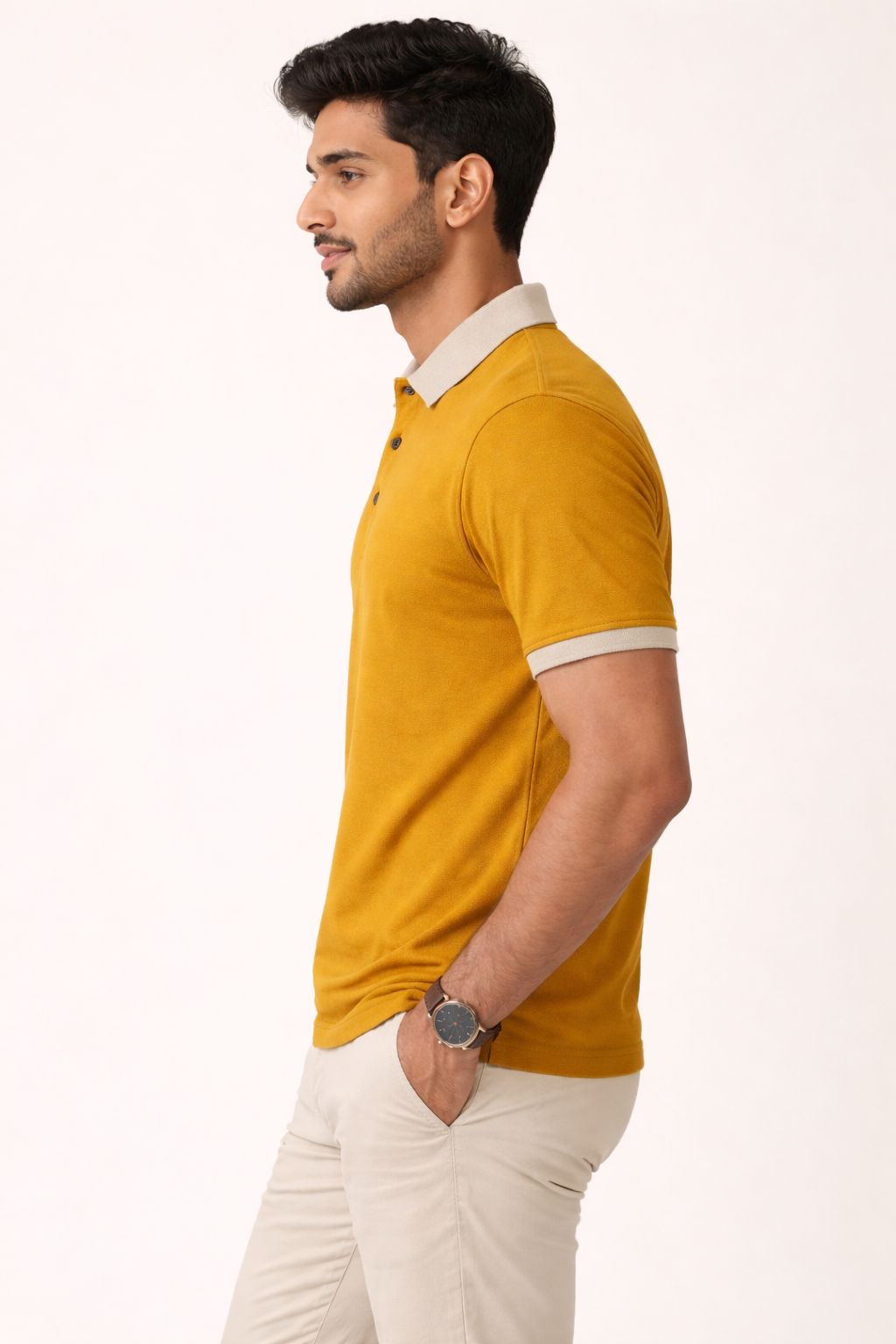 Men’s Mustard Yellow Polo T-Shirt with Contrast Beige Collar | Premium Cotton Slim Fit Casual Polo