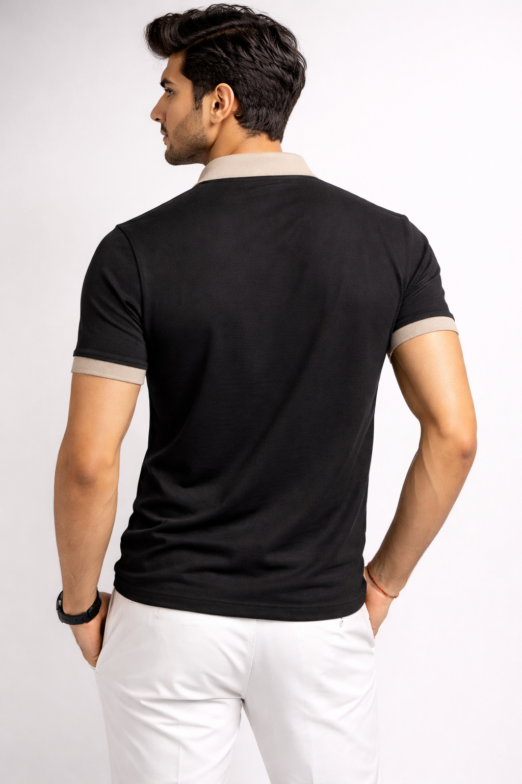 Men's Premium Black Polo T-Shirt – Beige Contrast Collar & Slim Fit Half Sleeves