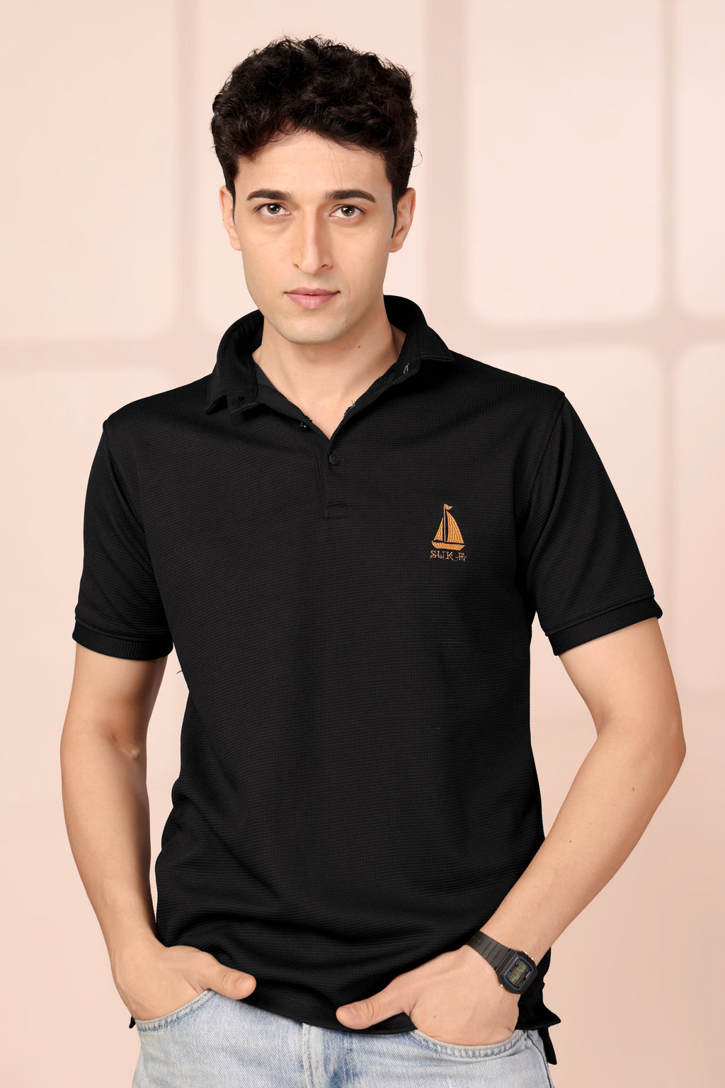 Man's Classic Black Textured Polo T-Shirt | Short Sleeve & Stylish Fit