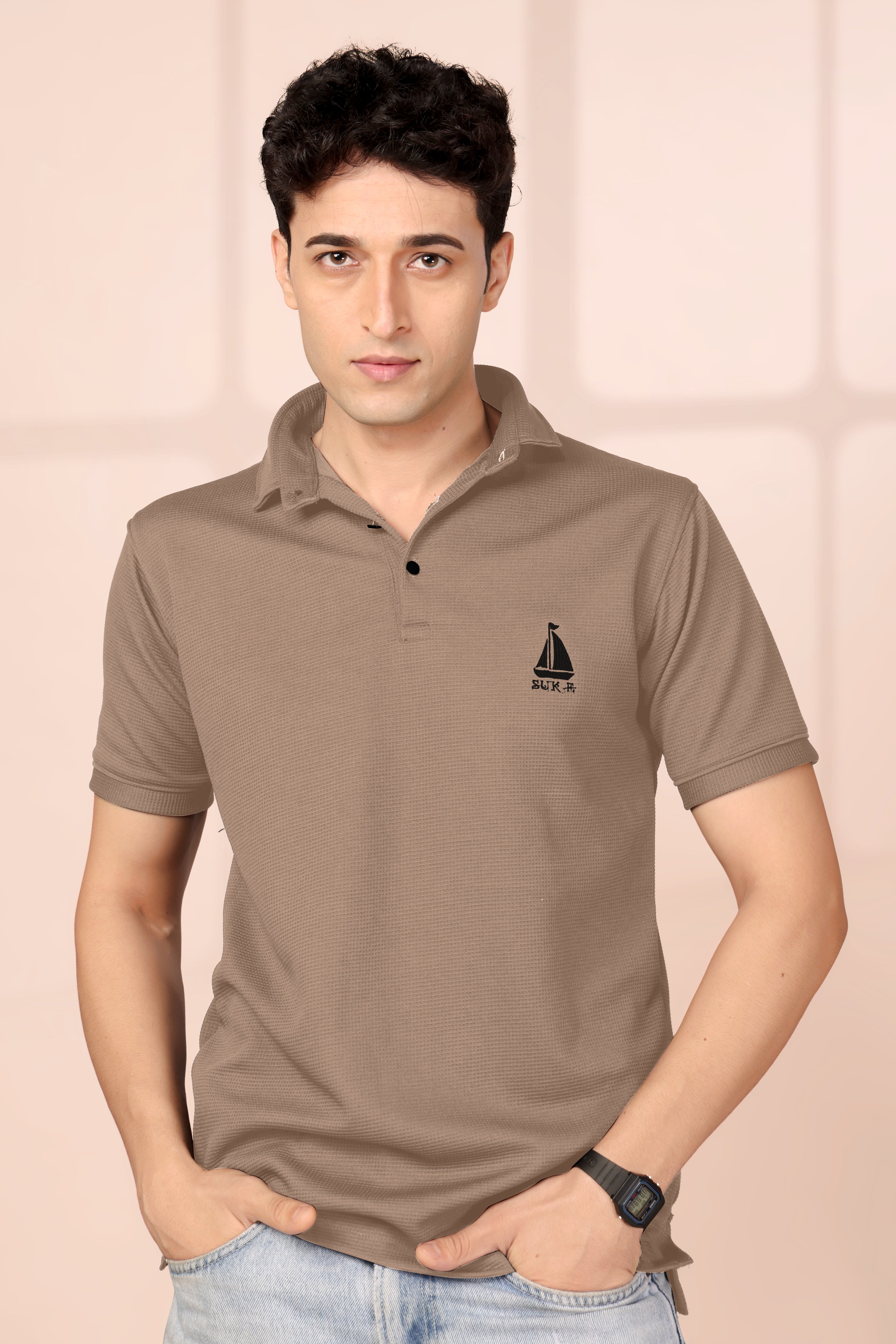 Man's Classic Brown Textured Polo T-Shirt | Short Sleeve & Stylish Fit