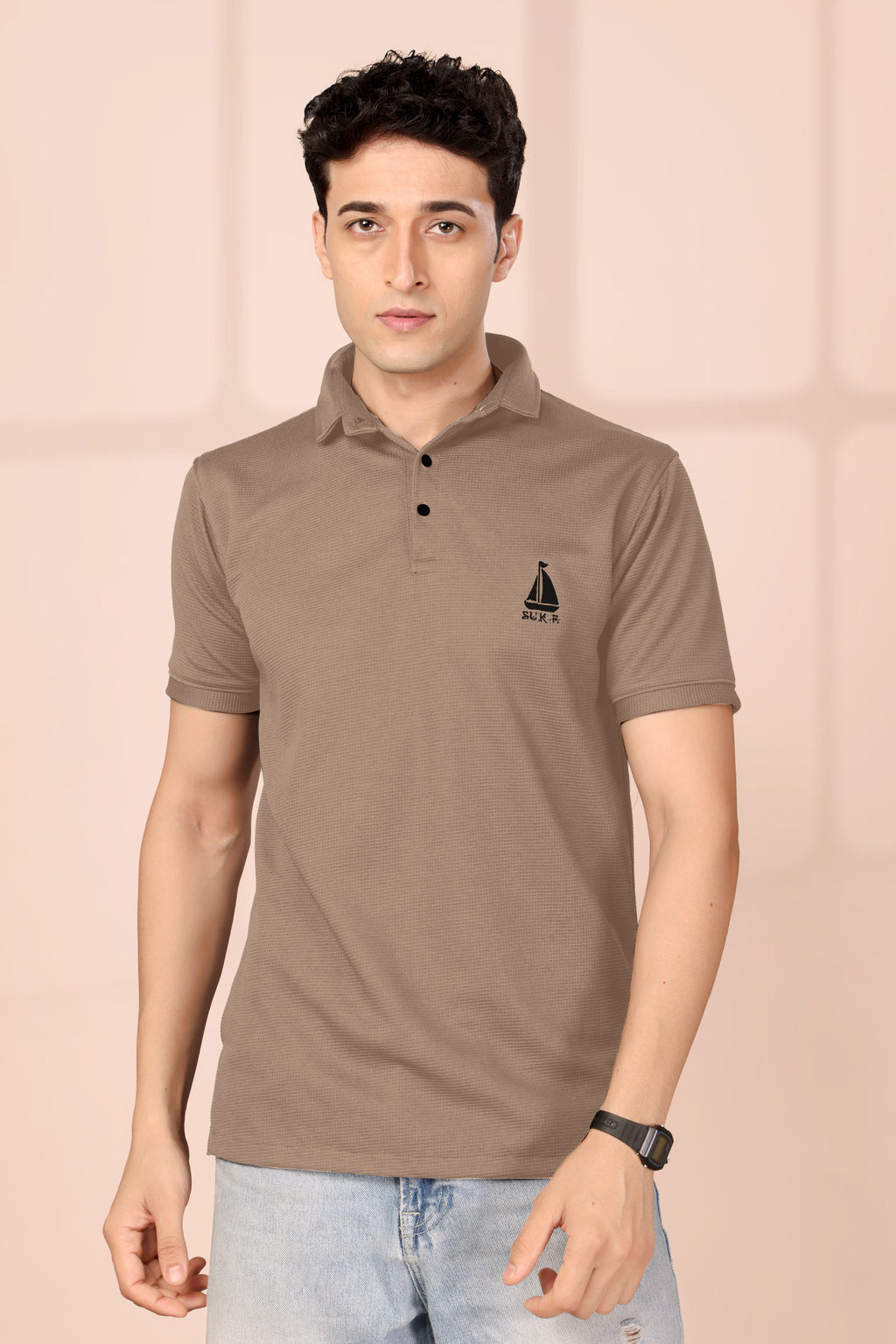 Man's Classic Brown Textured Polo T-Shirt | Short Sleeve & Stylish Fit