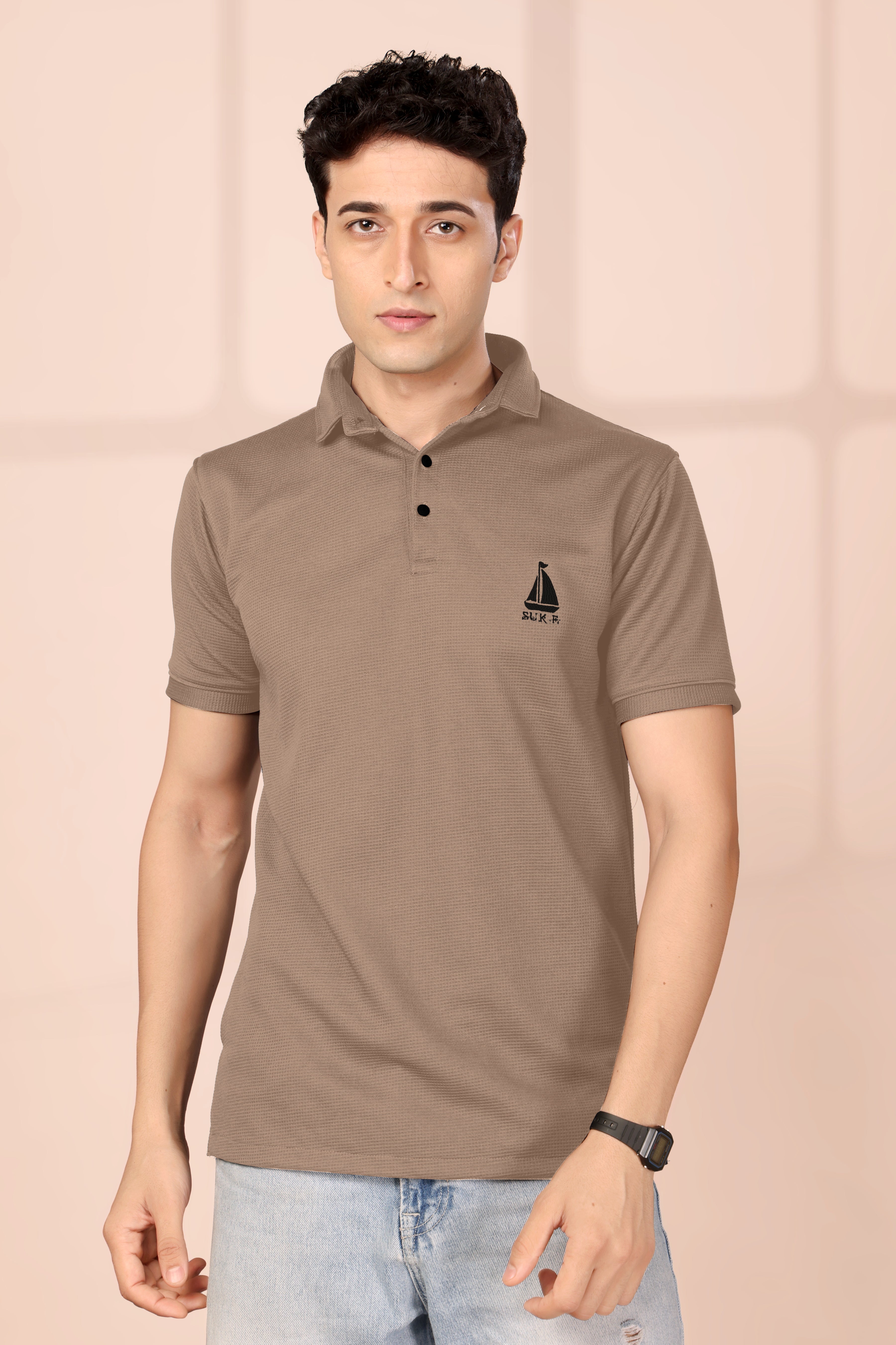 Man's Classic Brown Textured Polo T-Shirt | Short Sleeve & Stylish Fit