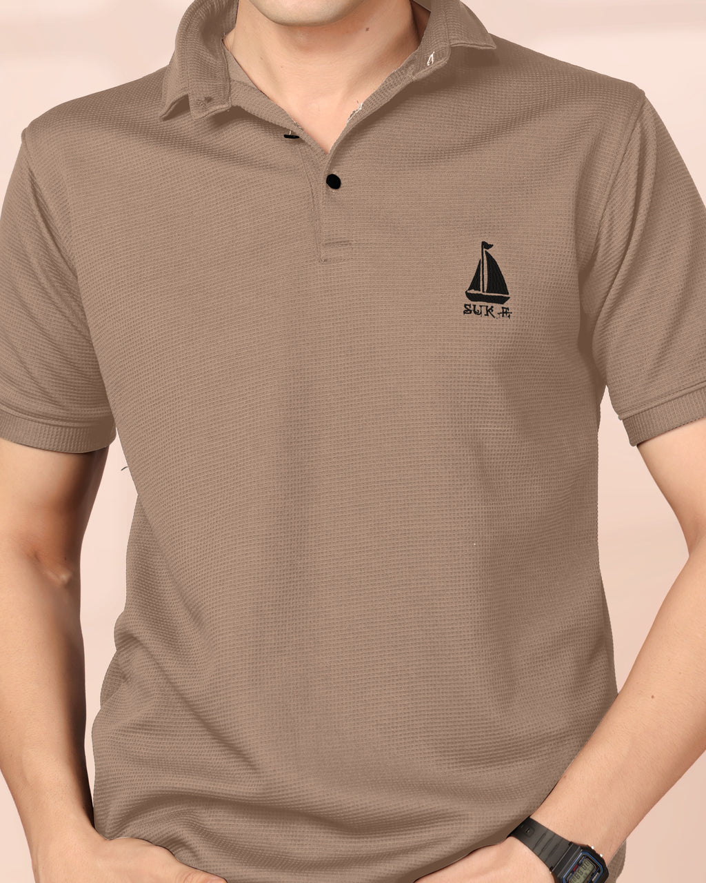 Man's Classic Brown Textured Polo T-Shirt | Short Sleeve & Stylish Fit