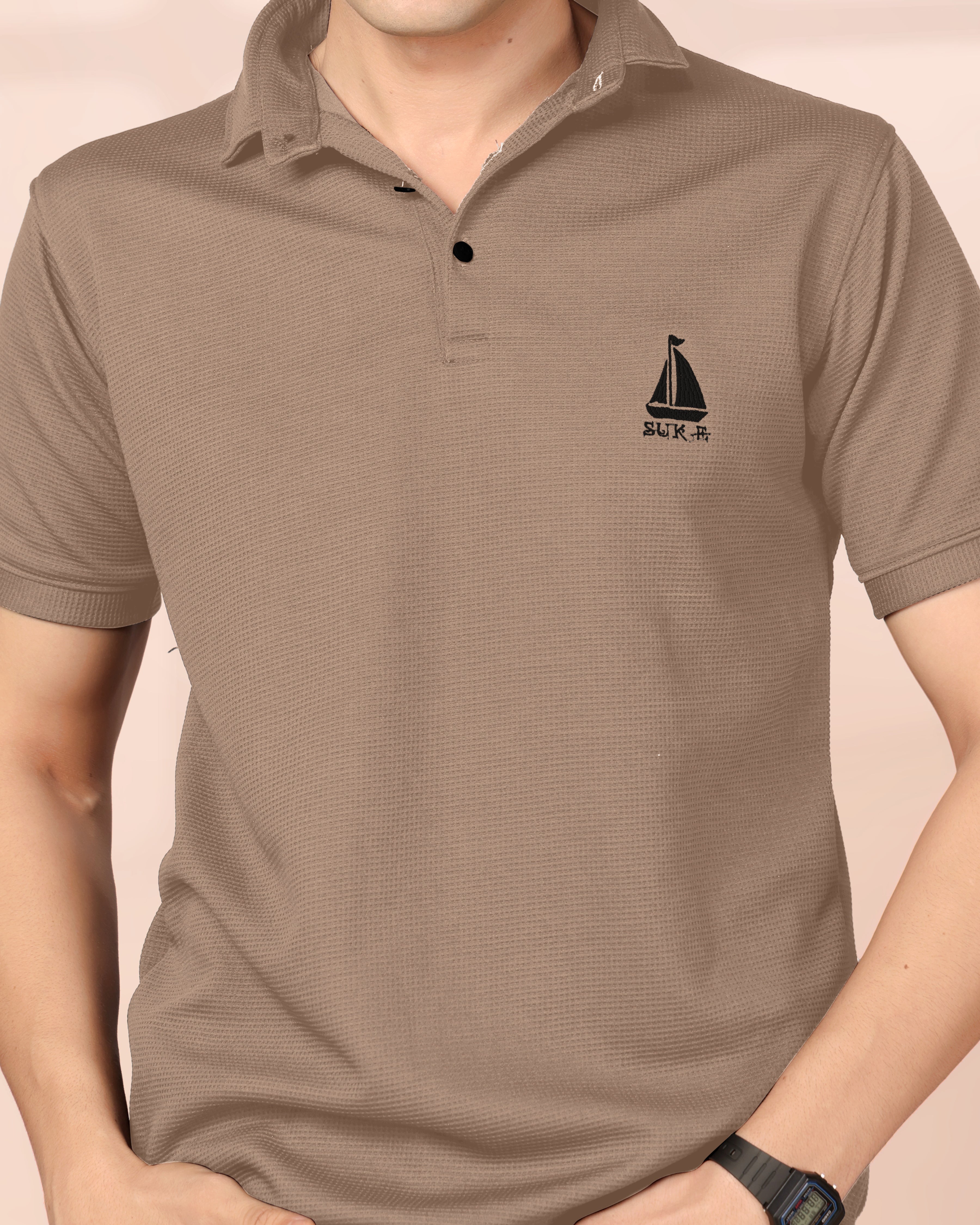 Man's Classic Brown Textured Polo T-Shirt | Short Sleeve & Stylish Fit
