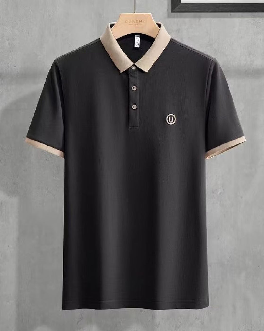 Men's Premium Black Polo T-Shirt – Beige Contrast Collar & Slim Fit Half Sleeves
