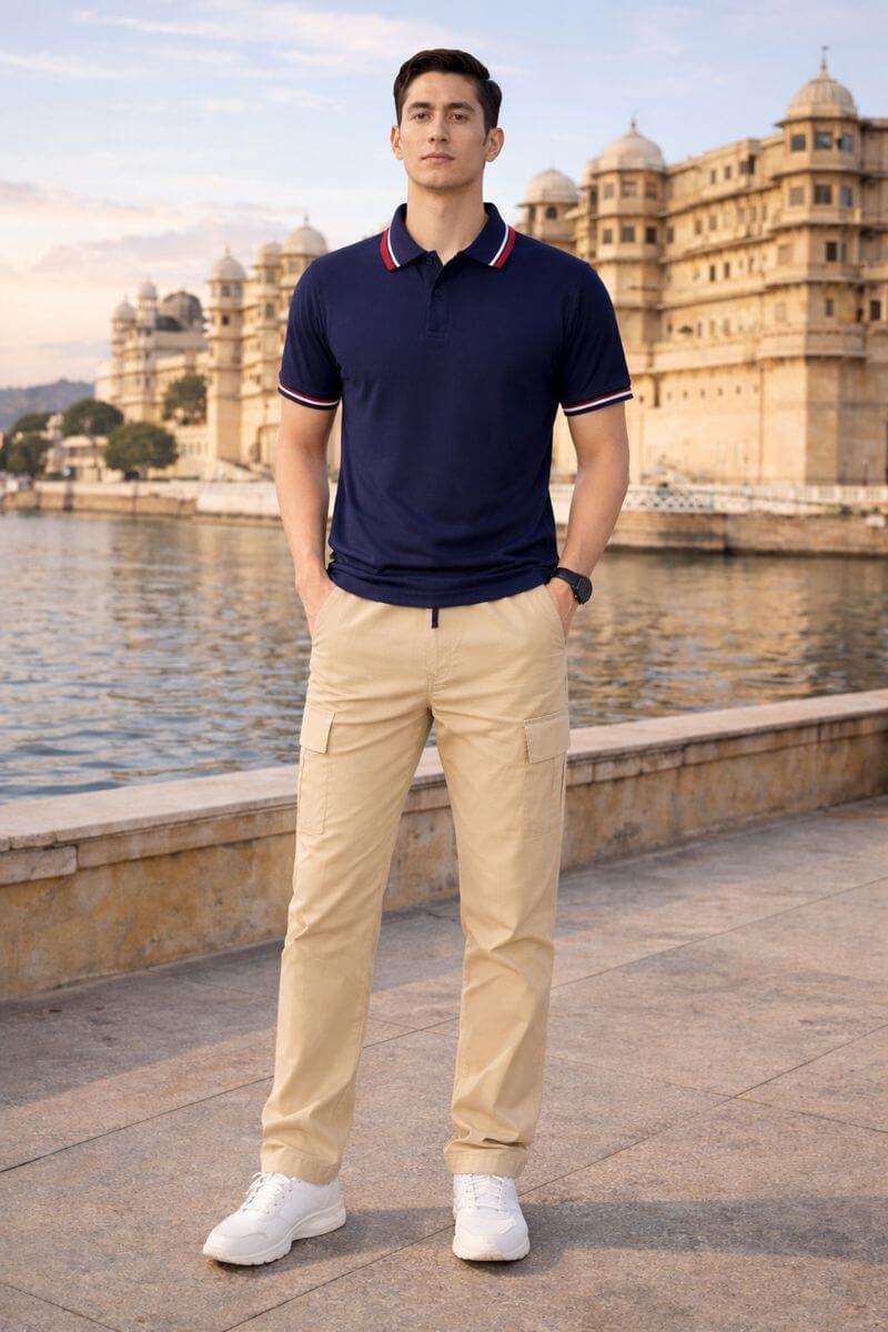 Men’s Premium Navy Polo T-Shirt with Contrast Collar Stripes – Slim Fit Smart Casual Wear