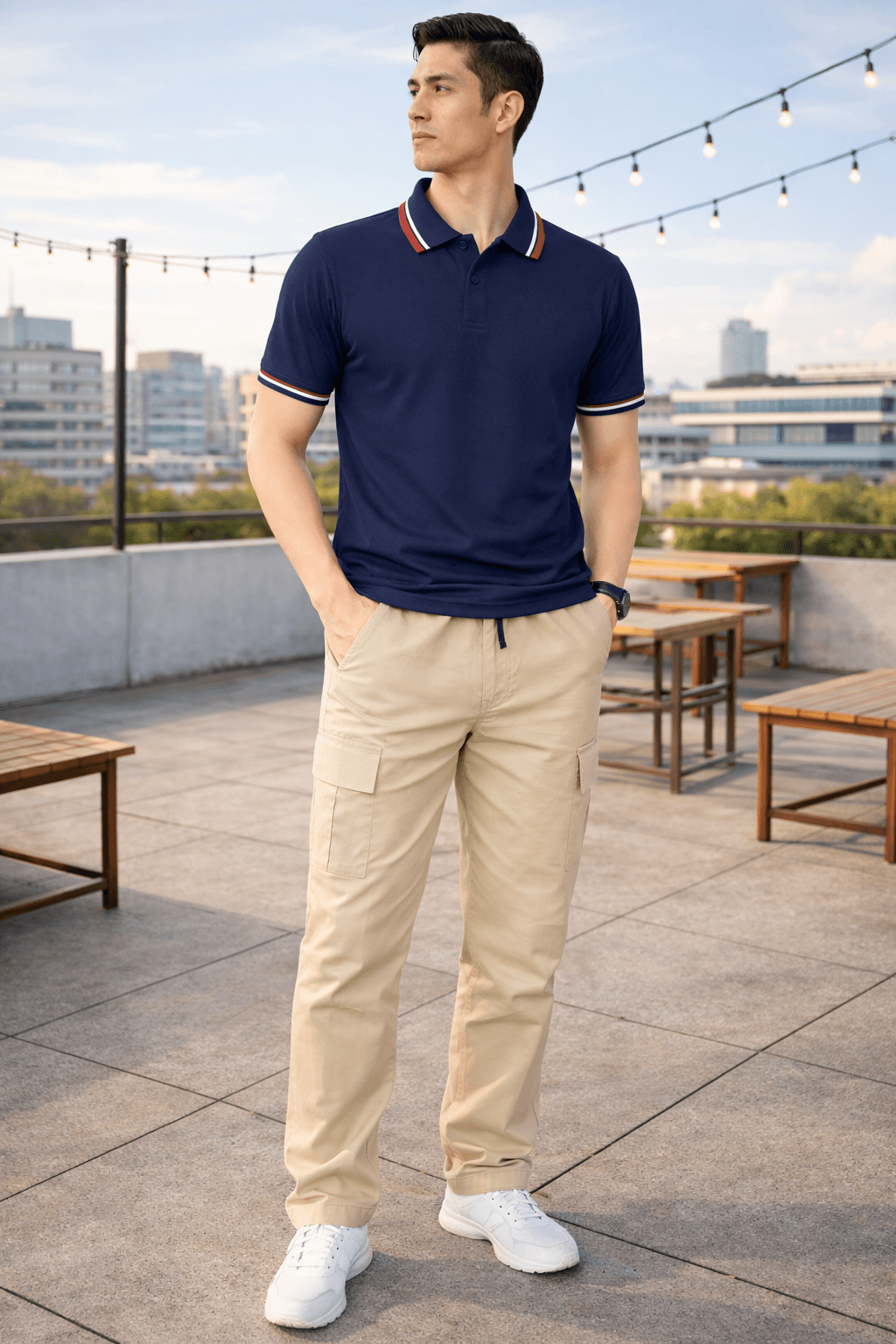 Men’s Premium Navy Polo T-Shirt with Contrast Collar Stripes – Slim Fit Smart Casual Wear