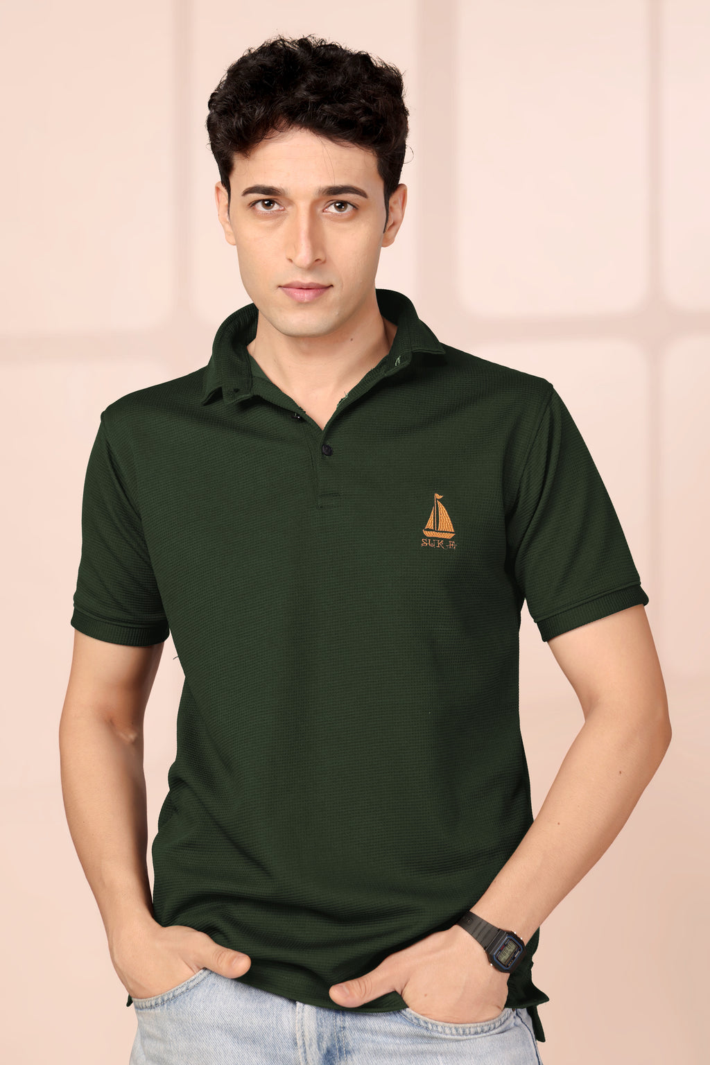 Man's Classic Green Textured Polo T-Shirt | Short Sleeve & Comfortable Fit