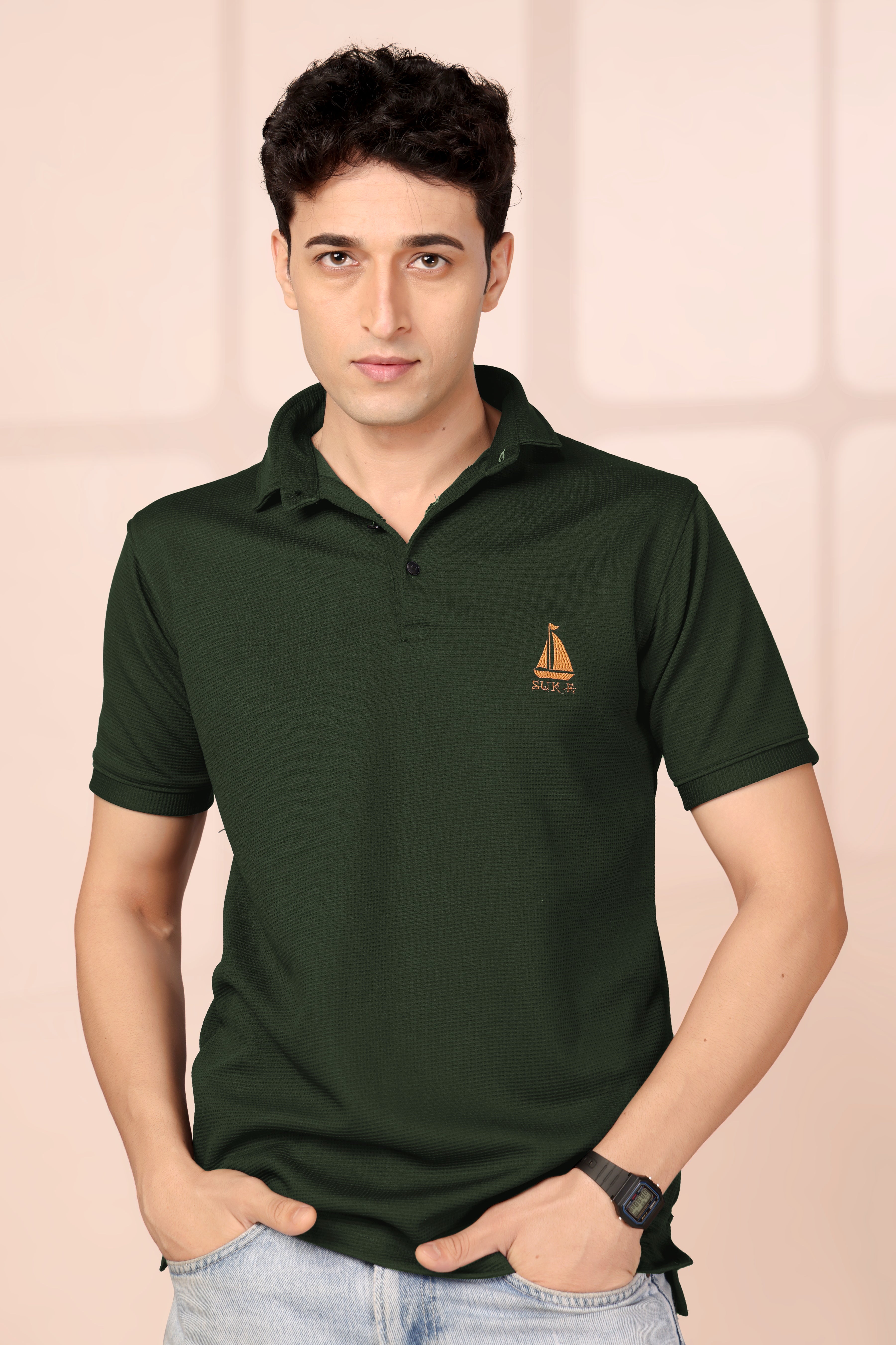 Man's Classic Green Textured Polo T-Shirt | Short Sleeve & Comfortable Fit
