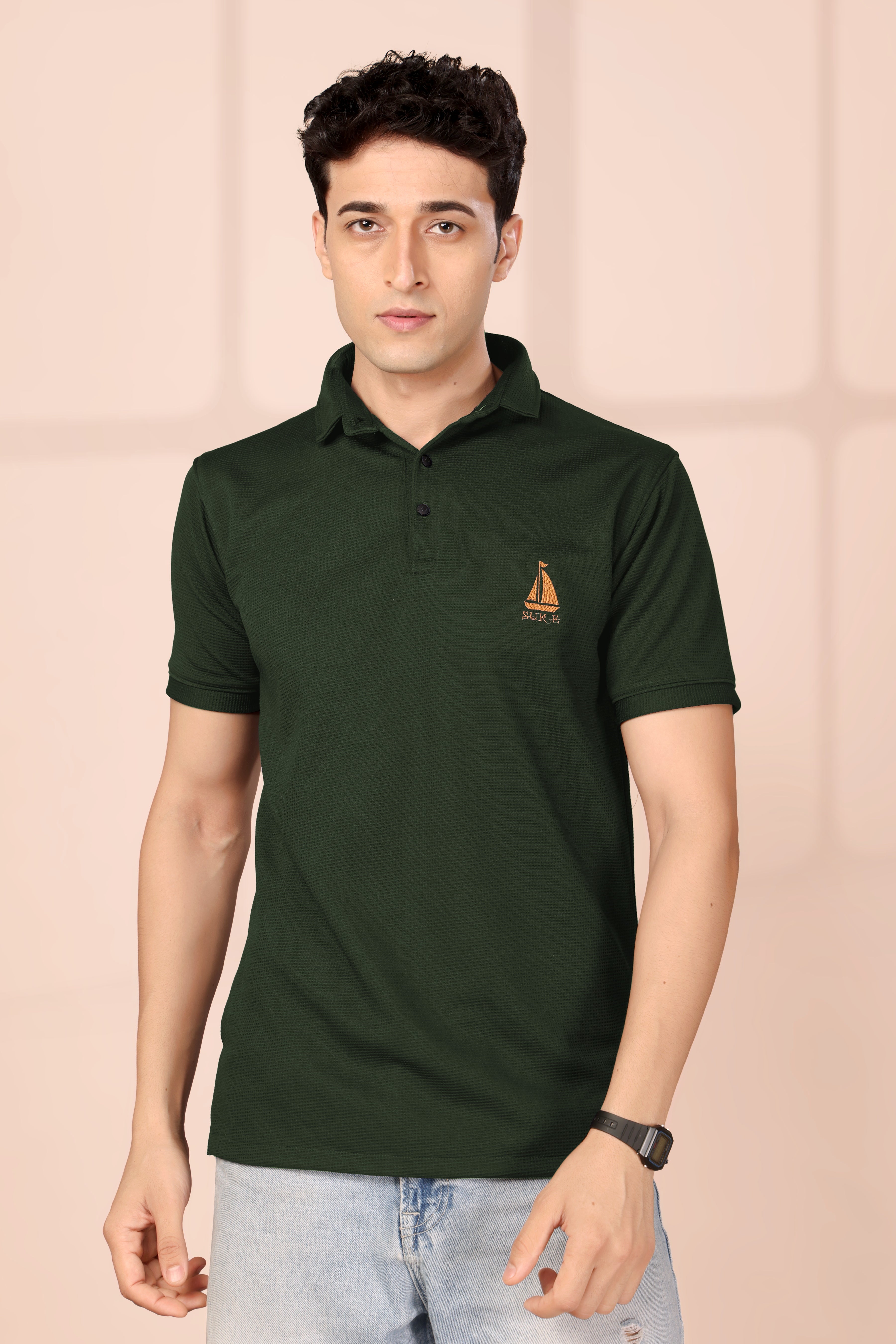 Man's Classic Green Textured Polo T-Shirt | Short Sleeve & Comfortable Fit
