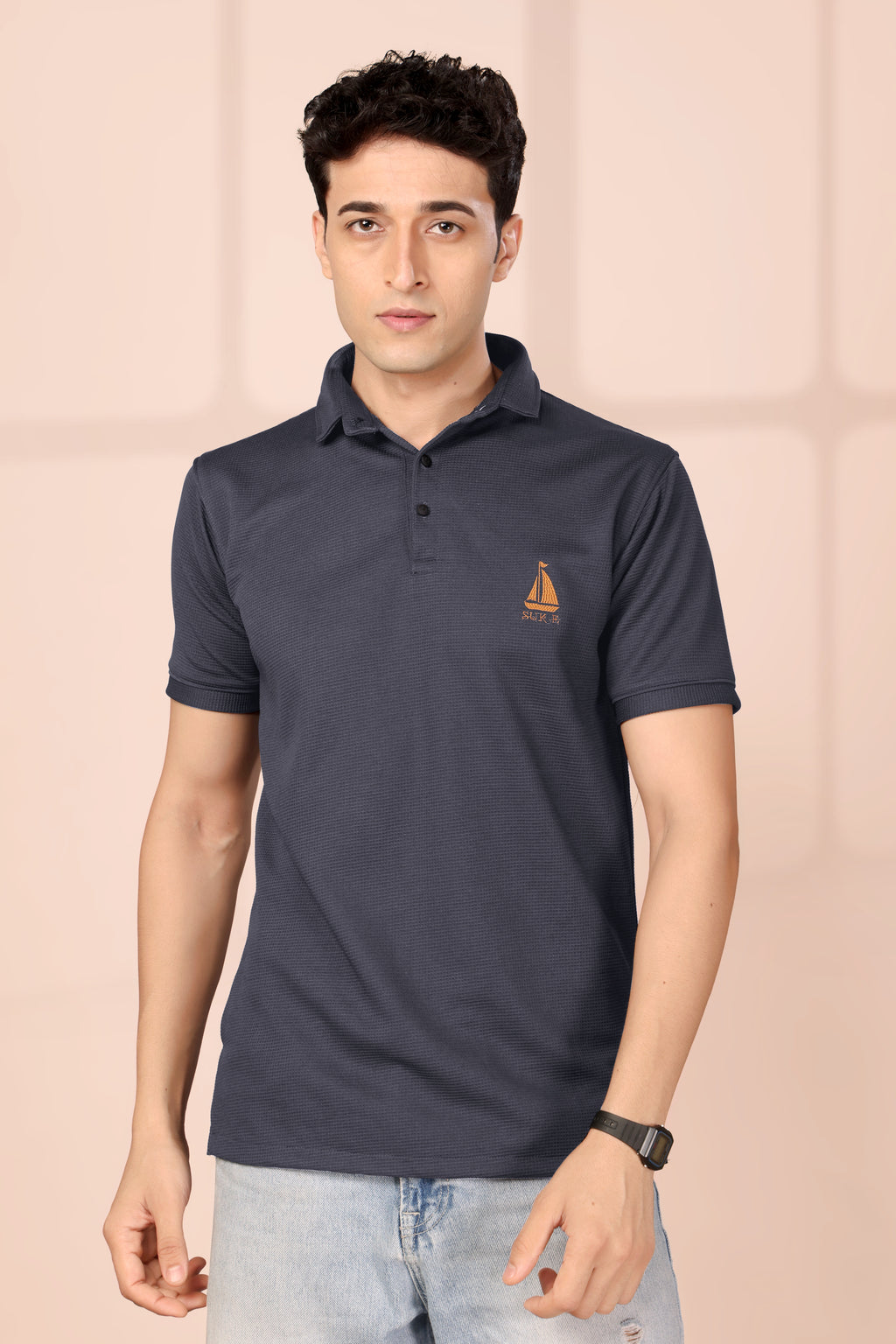 Man’s Premium Grey Textured Polo T-Shirt | Short Sleeve & Comfortable Fit