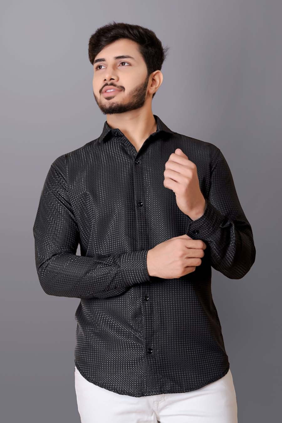 Men’s Black Textured Long Sleeve Shirt | Slim Fit & Casual Wear