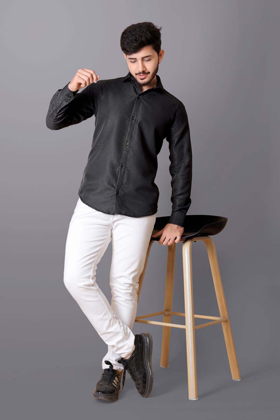 Men’s Black Textured Long Sleeve Shirt | Slim Fit & Casual Wear