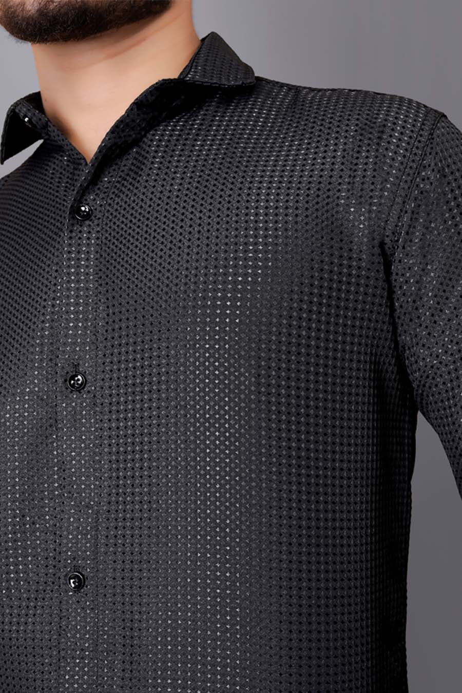 Men’s Black Textured Long Sleeve Shirt | Slim Fit & Casual Wear