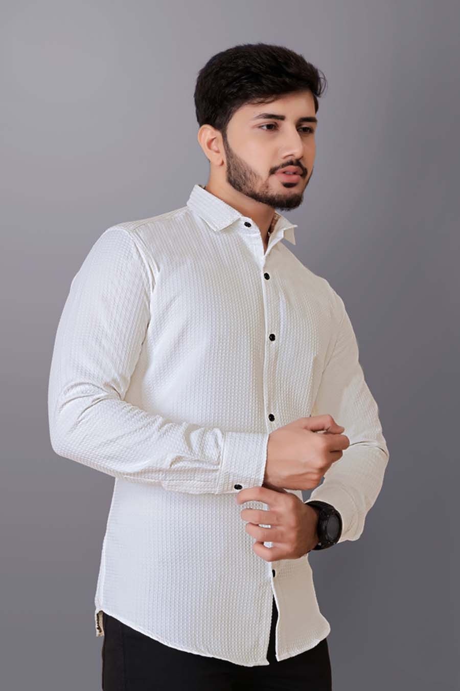 Men’s White Textured Cotton Shirt | Slim Fit Full Sleeve Formal & Casual Wear