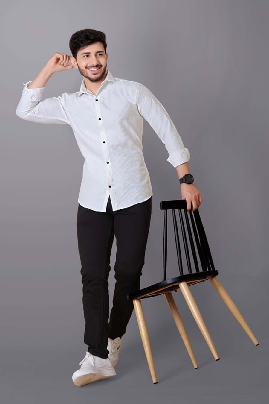Men’s White Textured Cotton Shirt | Slim Fit Full Sleeve Formal & Casual Wear