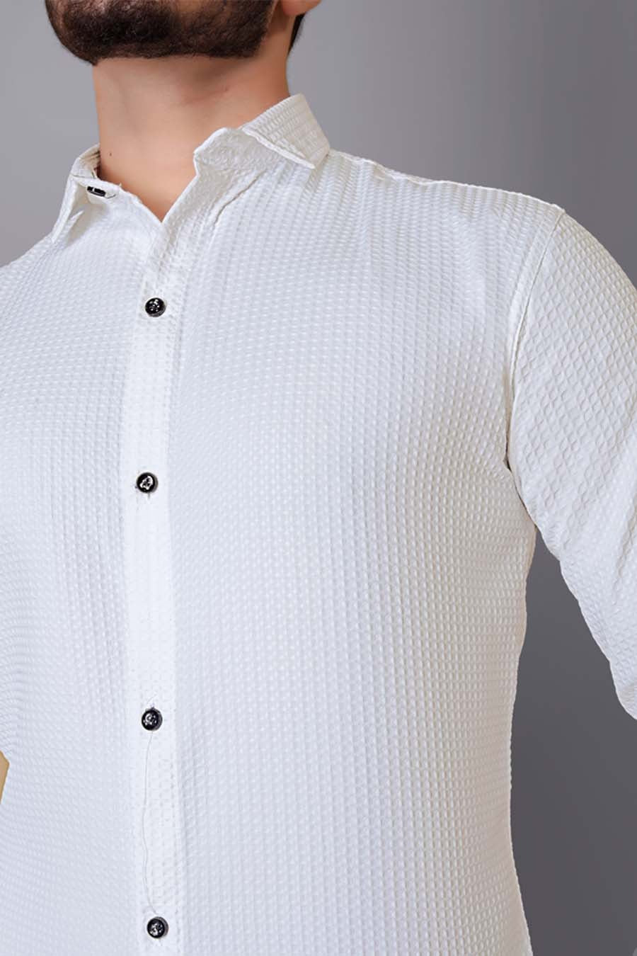 Men’s White Textured Cotton Shirt | Slim Fit Full Sleeve Formal & Casual Wear