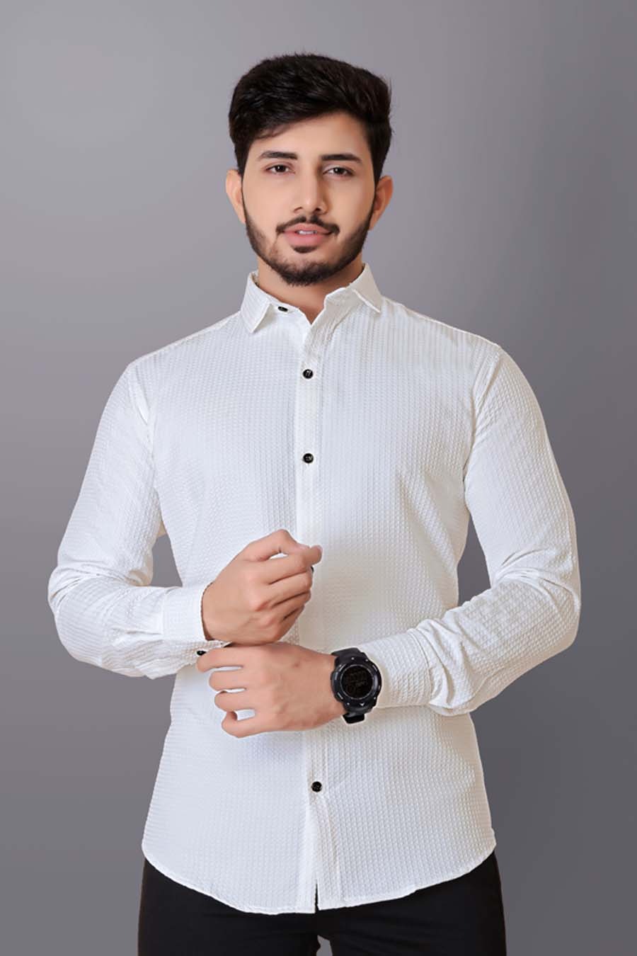 Men’s White Textured Cotton Shirt | Slim Fit Full Sleeve Formal & Casual Wear