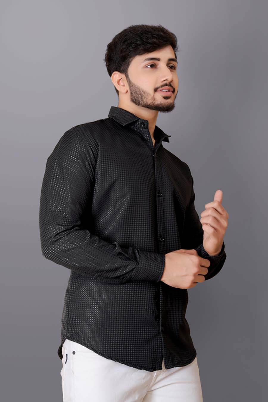 Men’s Black Textured Long Sleeve Shirt | Slim Fit & Casual Wear