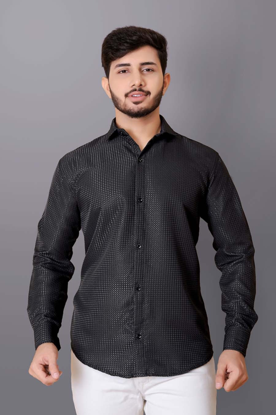Men’s Black Textured Long Sleeve Shirt | Slim Fit & Casual Wear