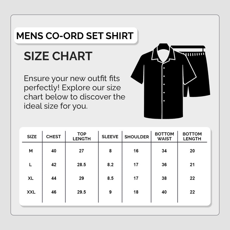 Size chart for Night Suit Popcorn Co-Ord Set for Men – Shirt & Shorts Combo
