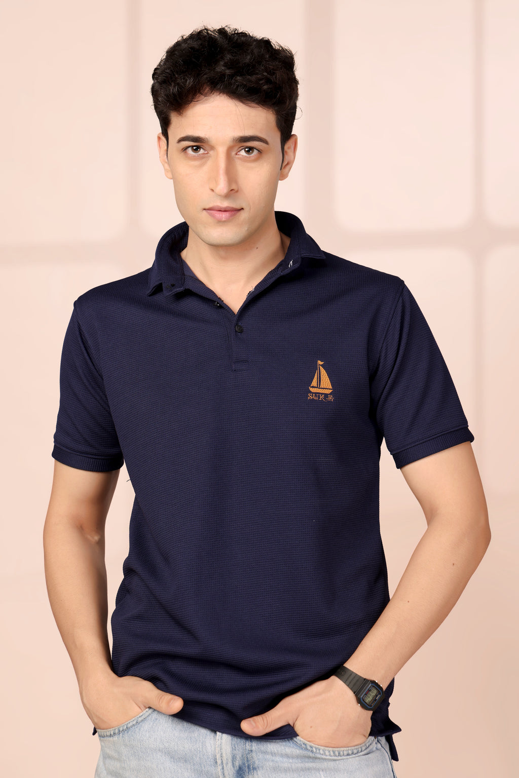 Man’s Premium Navy Blue Textured Polo T-Shirt | Short Sleeve & Stylish Fit