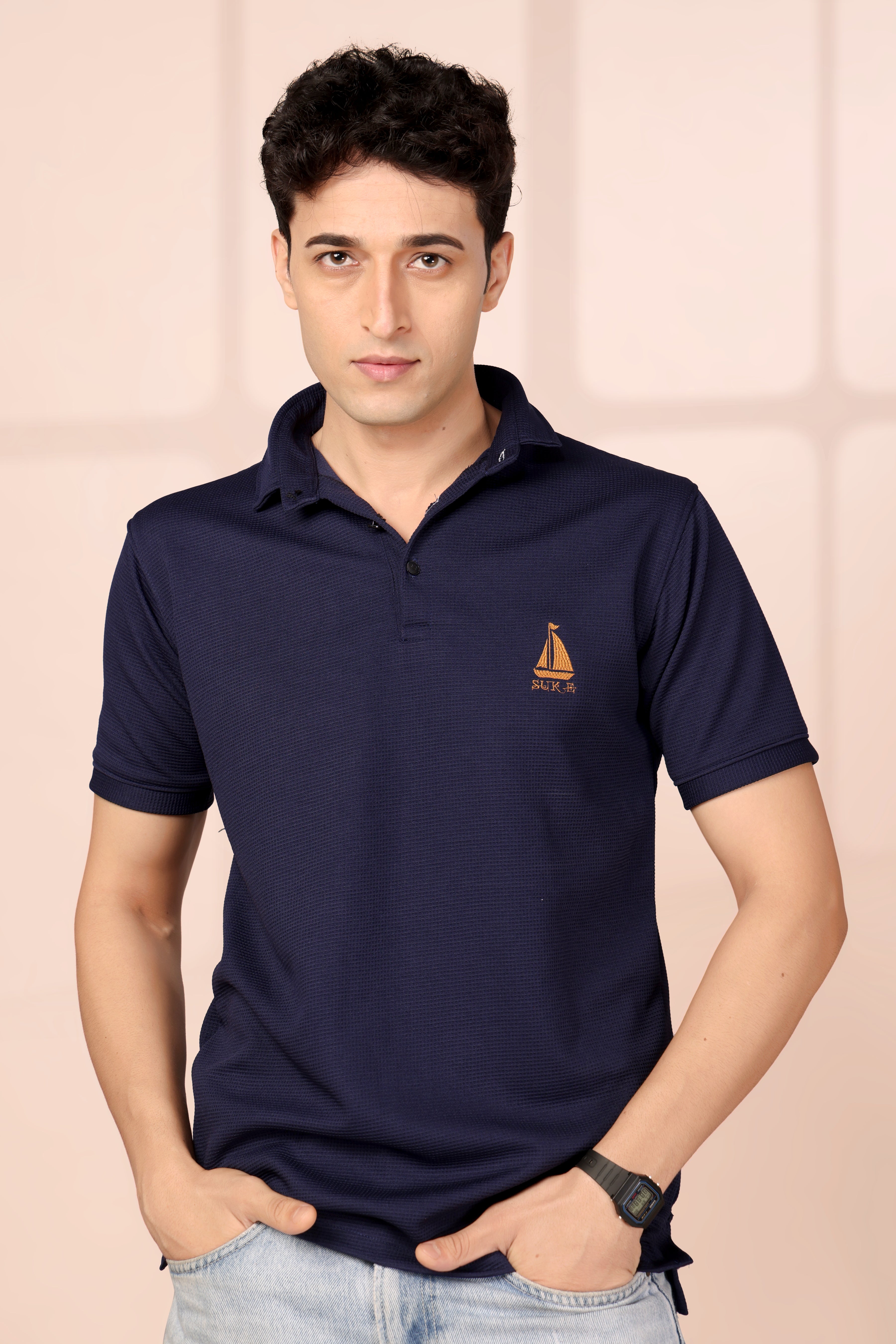 Man’s Premium Navy Blue Textured Polo T-Shirt | Short Sleeve & Stylish Fit