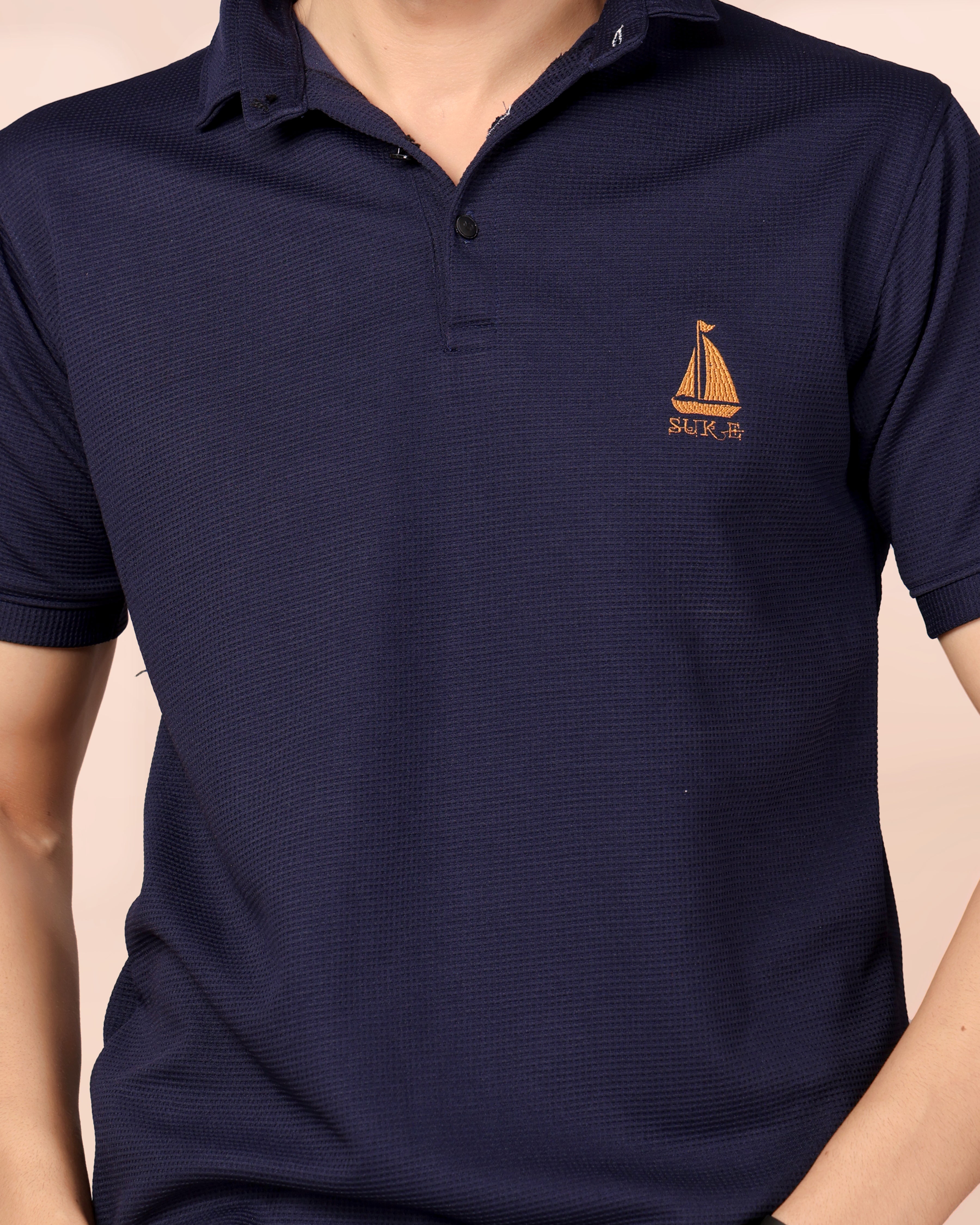 Man’s Premium Navy Blue Textured Polo T-Shirt | Short Sleeve & Stylish Fit