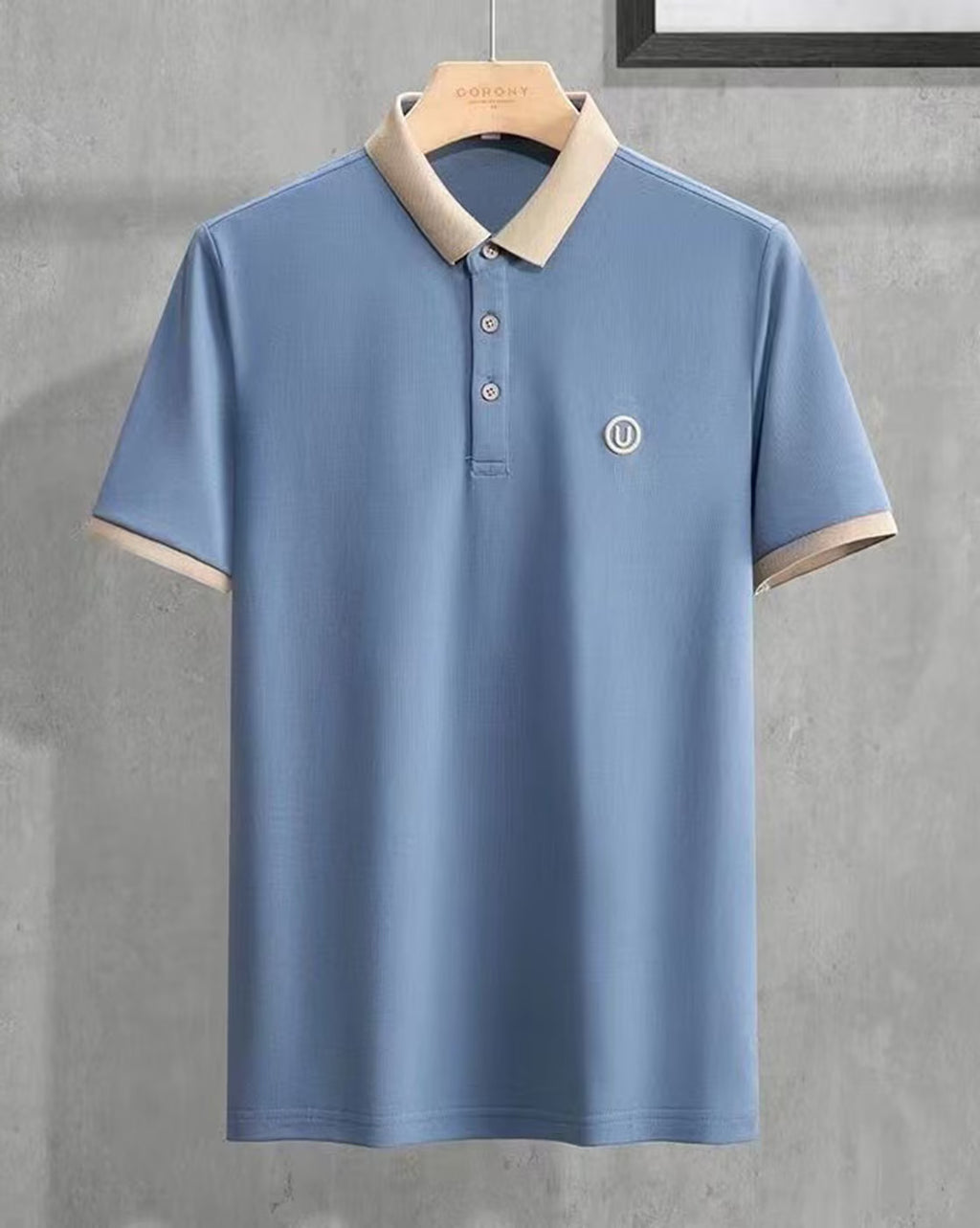 Men’s Sky Blue Polo T-Shirt with Contrast Beige Collar | Premium Cotton Slim Fit Casual Polo Tee