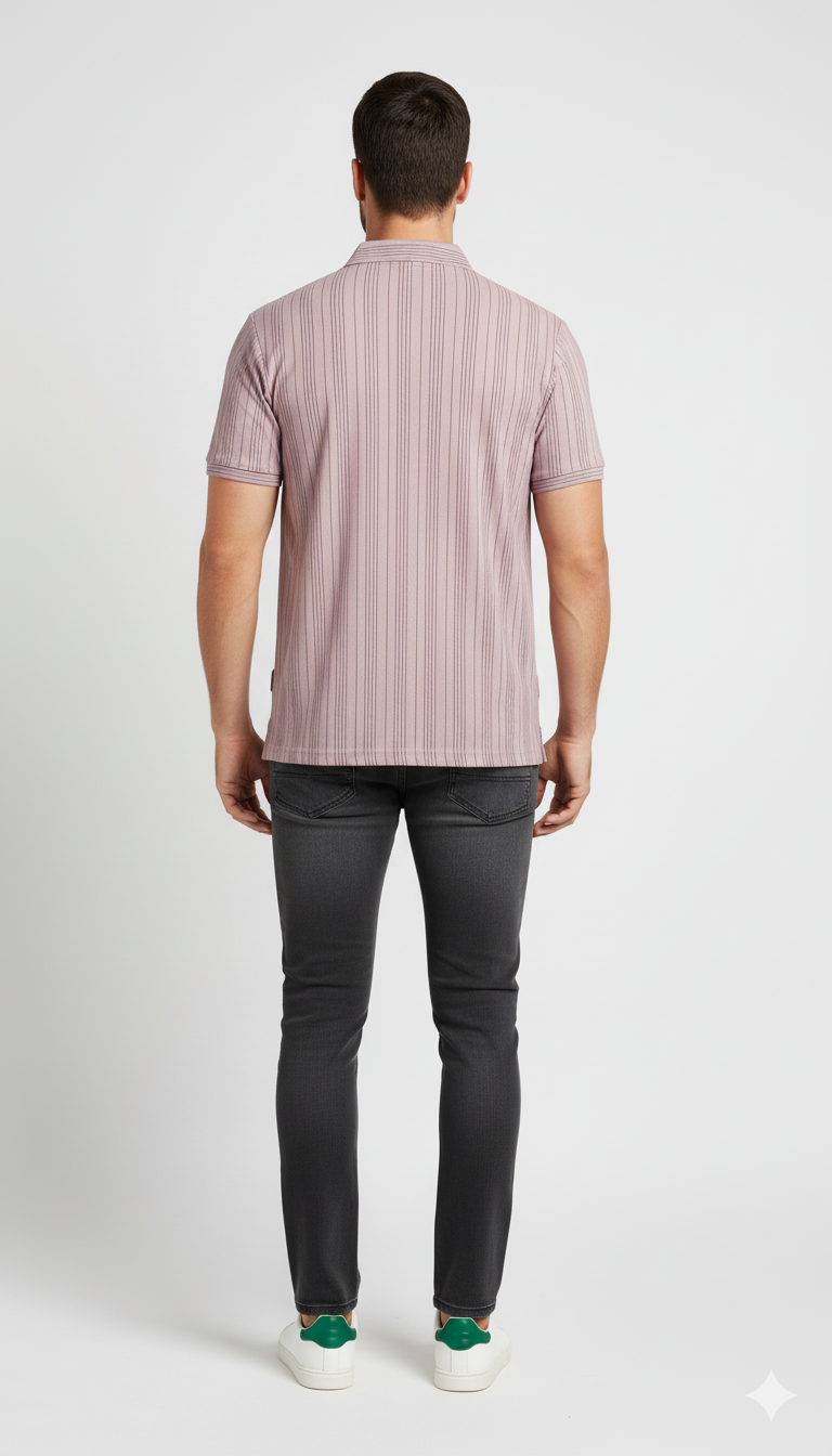 Men’s Light Pink Striped Polo T-Shirt | Premium Polyester Slim Fit Casual Polo Tee