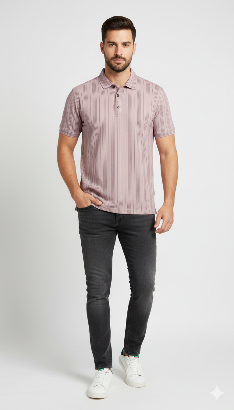 Men’s Light Pink Striped Polo T-Shirt | Premium Polyester Slim Fit Casual Polo Tee