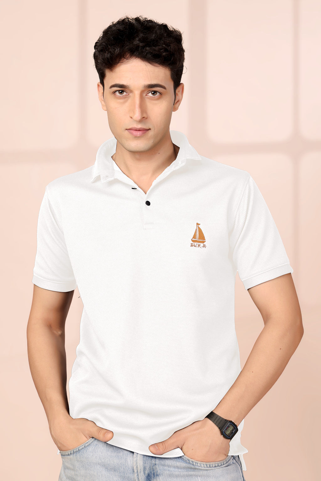 Man’s Premium White Textured Polo T-Shirt | Short Sleeve & Stylish Fit