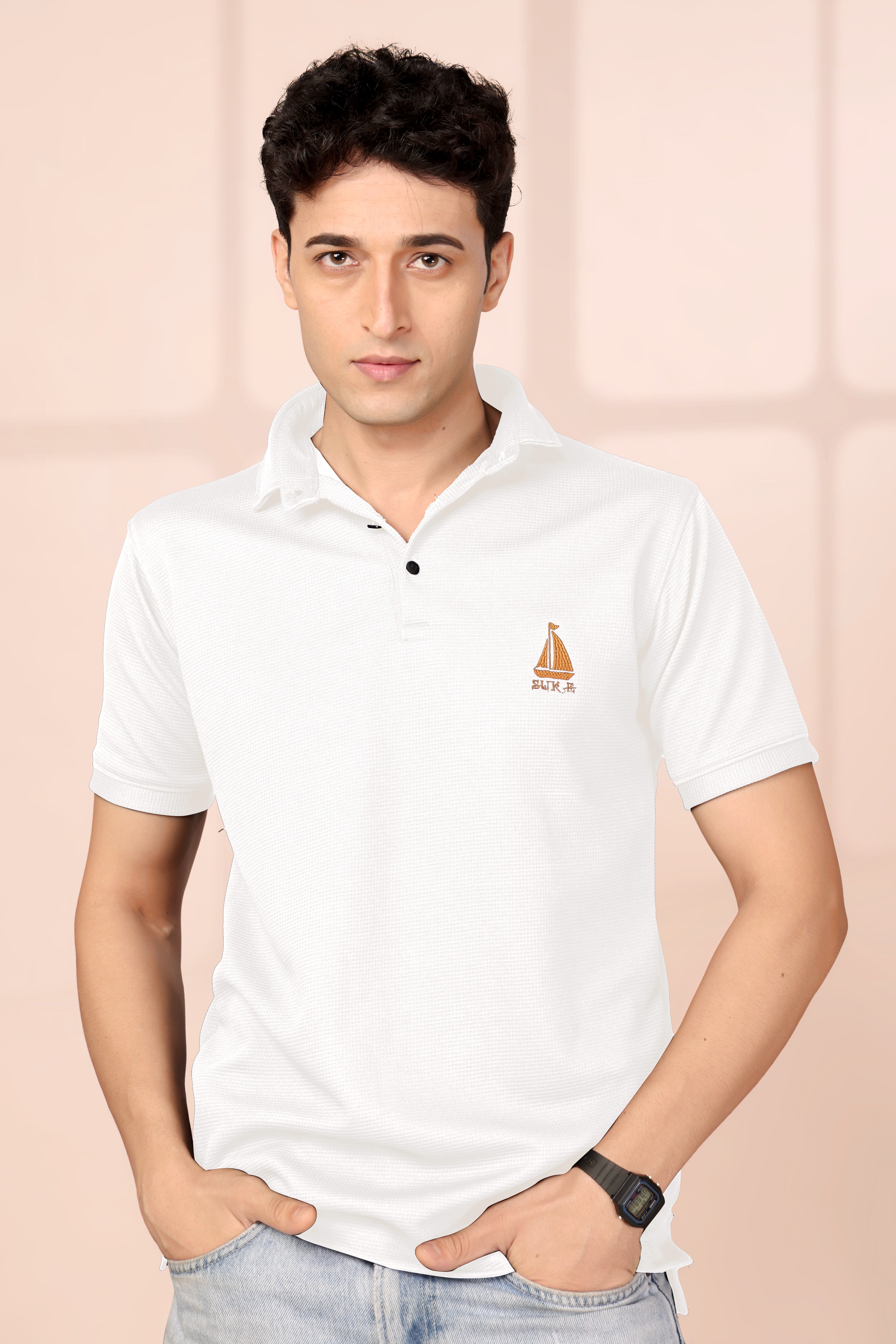 Man’s Premium White Textured Polo T-Shirt | Short Sleeve & Stylish Fit