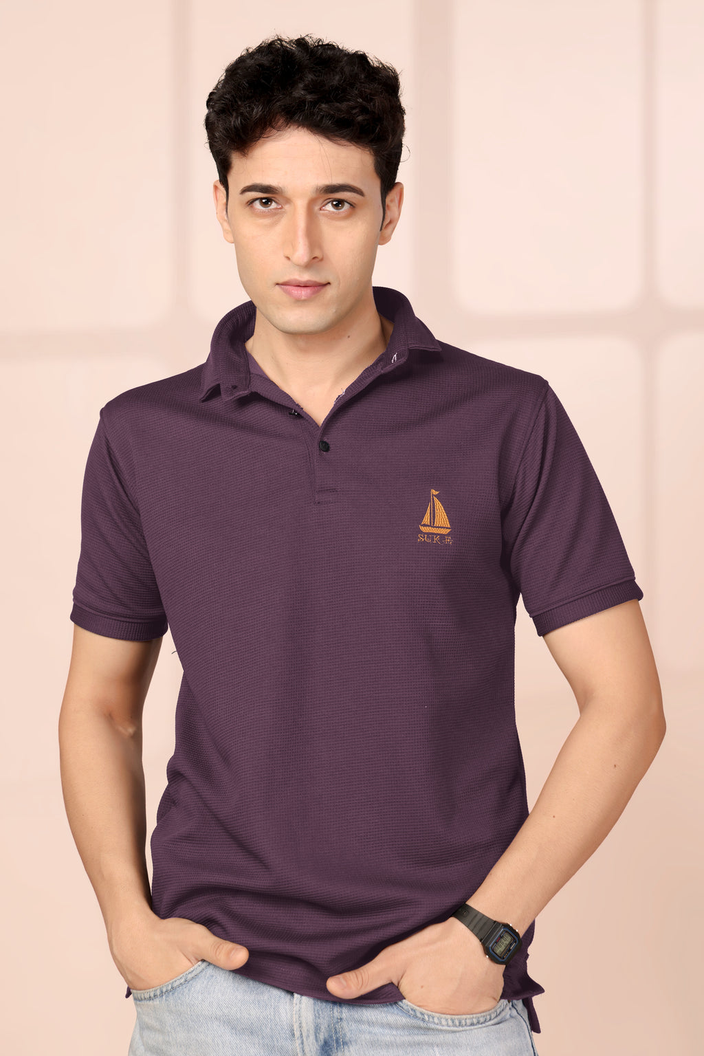 Man’s Classic Wine Textured Polo T-Shirt | Short Sleeve & Stylish Fit