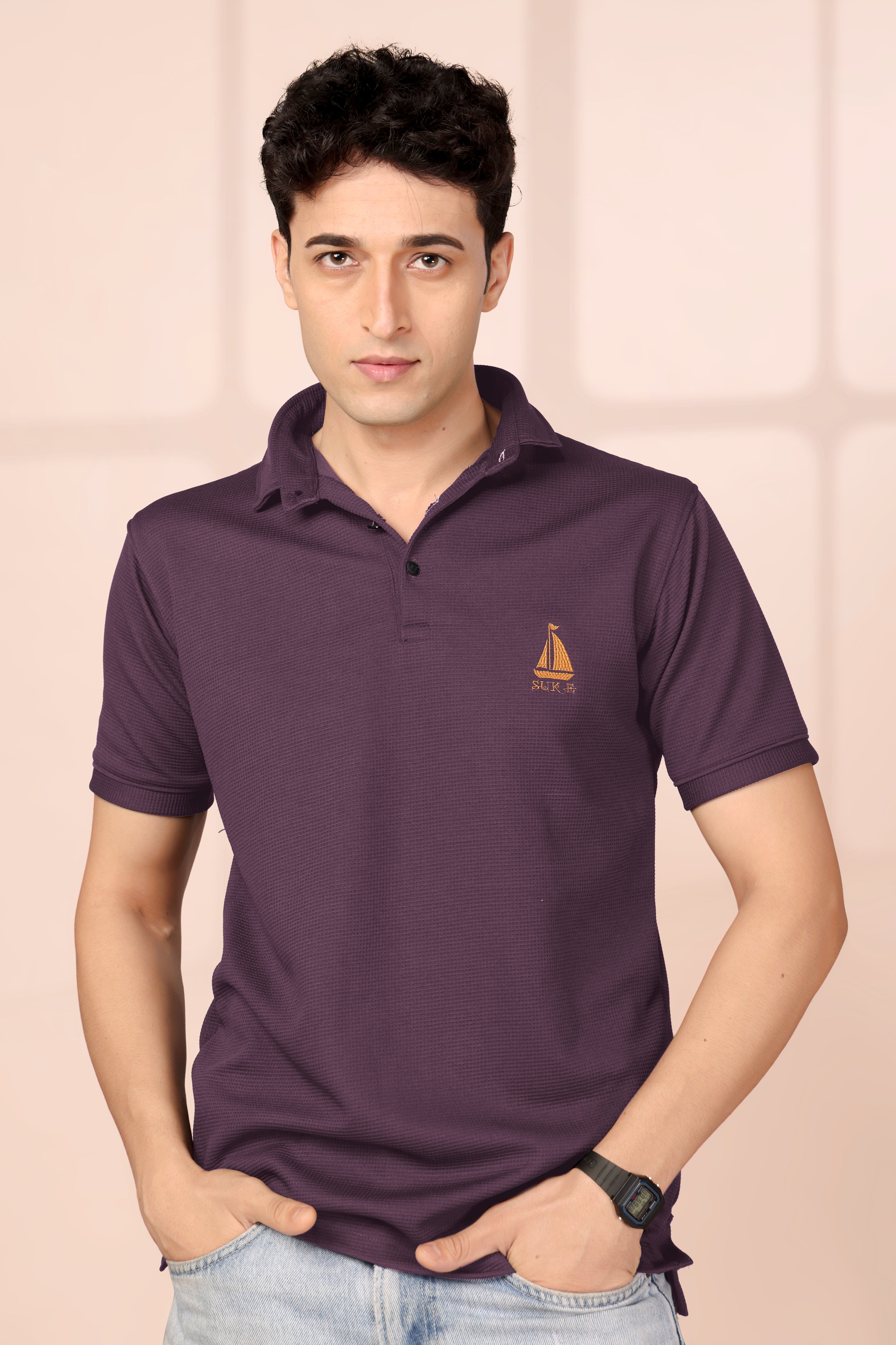 Man’s Classic Wine Textured Polo T-Shirt | Short Sleeve & Stylish Fit