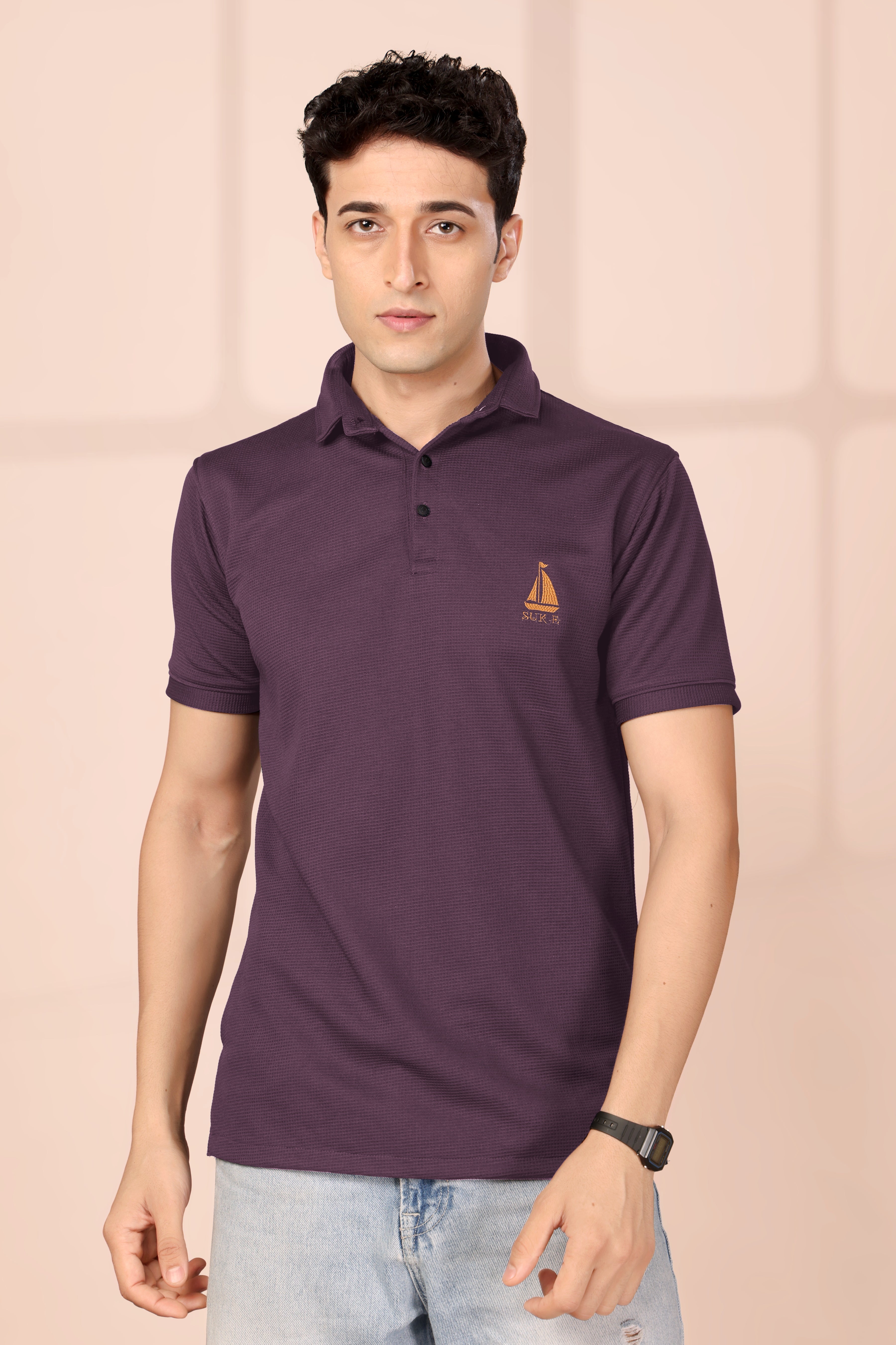 Man’s Classic Wine Textured Polo T-Shirt | Short Sleeve & Stylish Fit