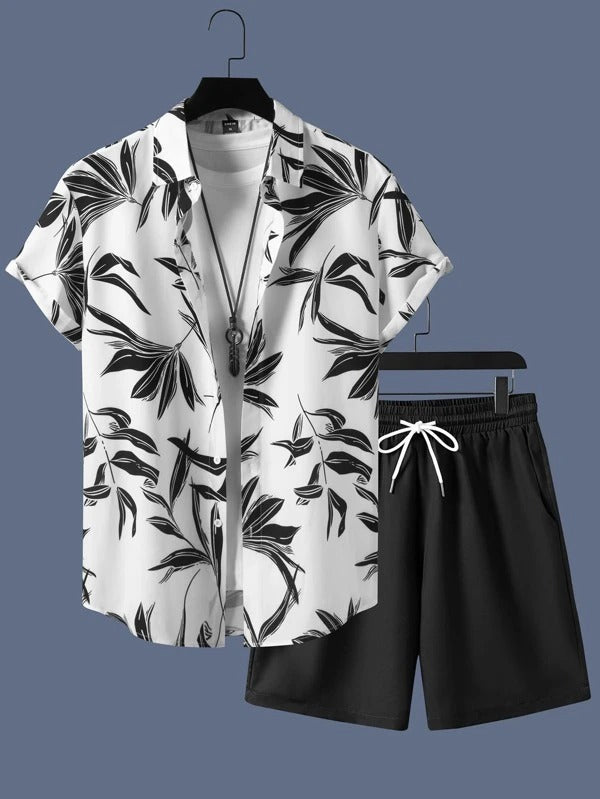 Man's Black Leaf Co-Ord Night Suit – Shirt & Shorts Set