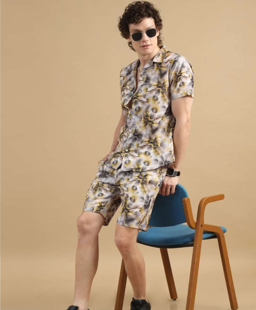 Men’s Yellow Lycra Night Suit – Shirt & Shorts Set