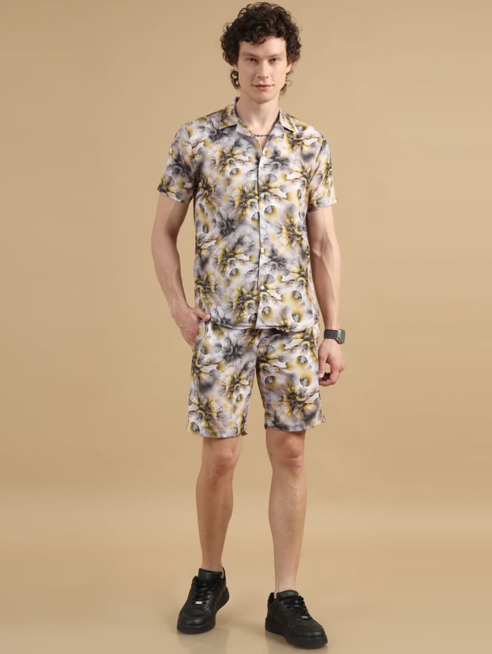 Men’s Yellow Lycra Night Suit – Shirt & Shorts Set
