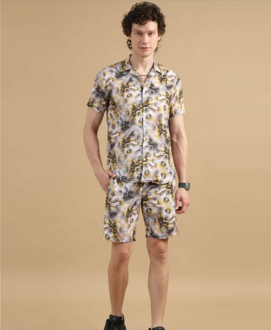 Men’s Yellow Lycra Night Suit – Shirt & Shorts Set