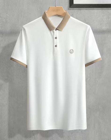 Men’s Premium White Polo T-Shirt with Beige Collar | Stylish Cotton Polo for Casual & Smart Wear