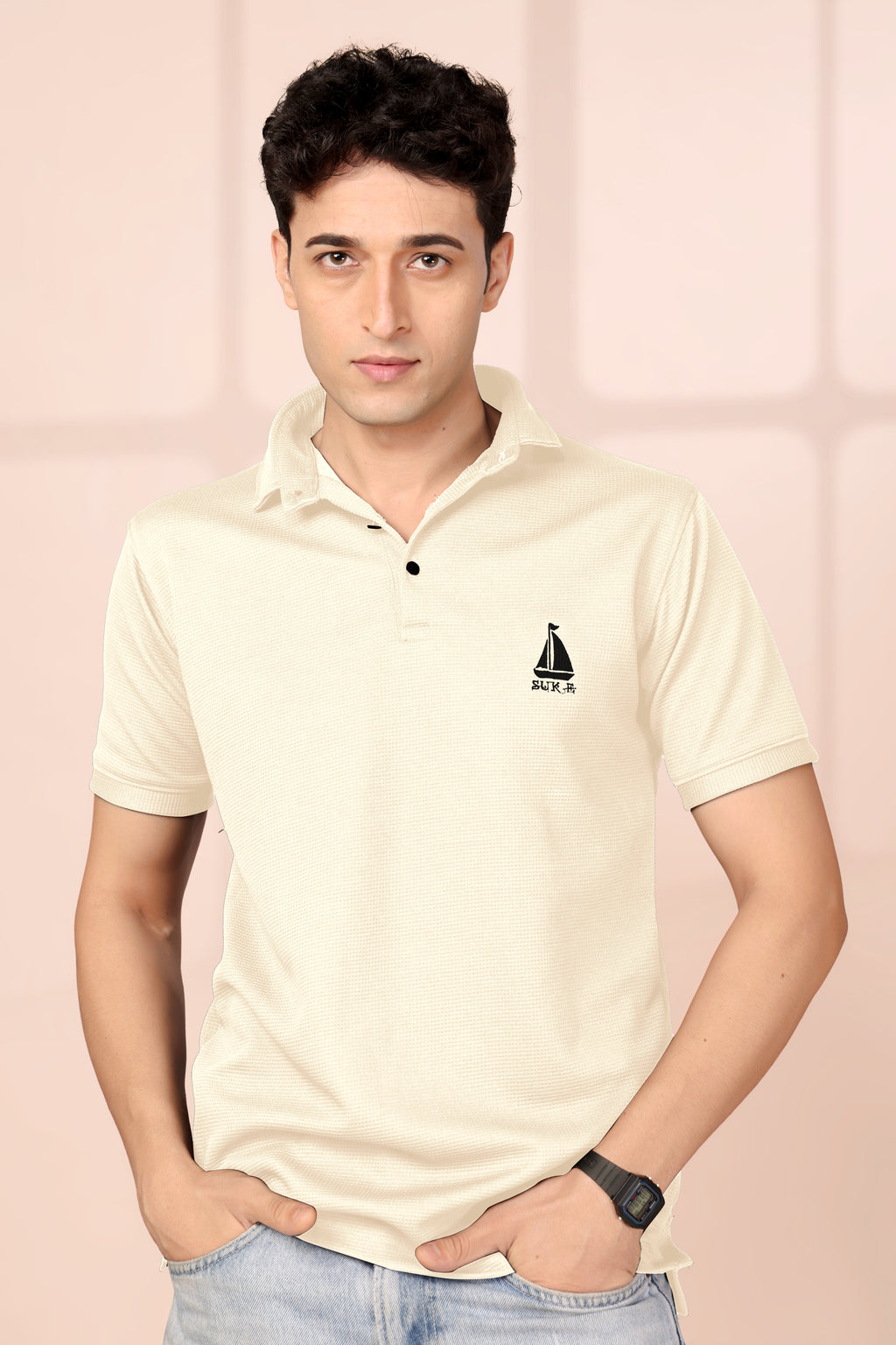 Man’s Premium Beige Textured Polo T-Shirt | Short Sleeve & Comfortable Fit